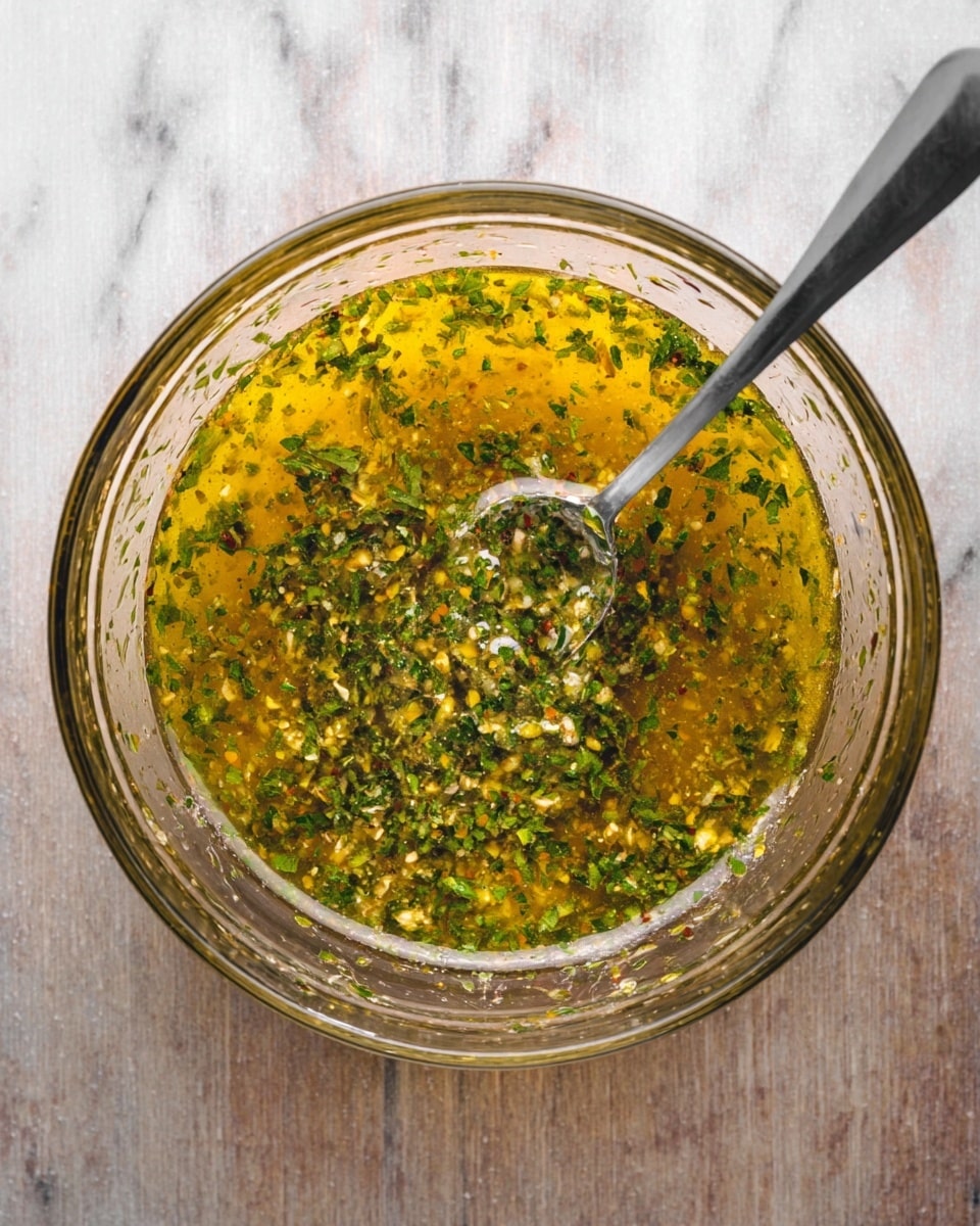 A piece of cooked meat with a pink center and browned, crispy edges is held by a silver fork above a white bowl filled with a chunky, green herb and garlic sauce. The sauce inside the bowl has visible bits of herbs and garlic, giving it a textured look with fresh green and light yellow colors. The white bowl sits on a surface with a white marbled texture. A black pan is visible in the blurred background. Photo taken with an iphone --ar 4:5 --v 7
