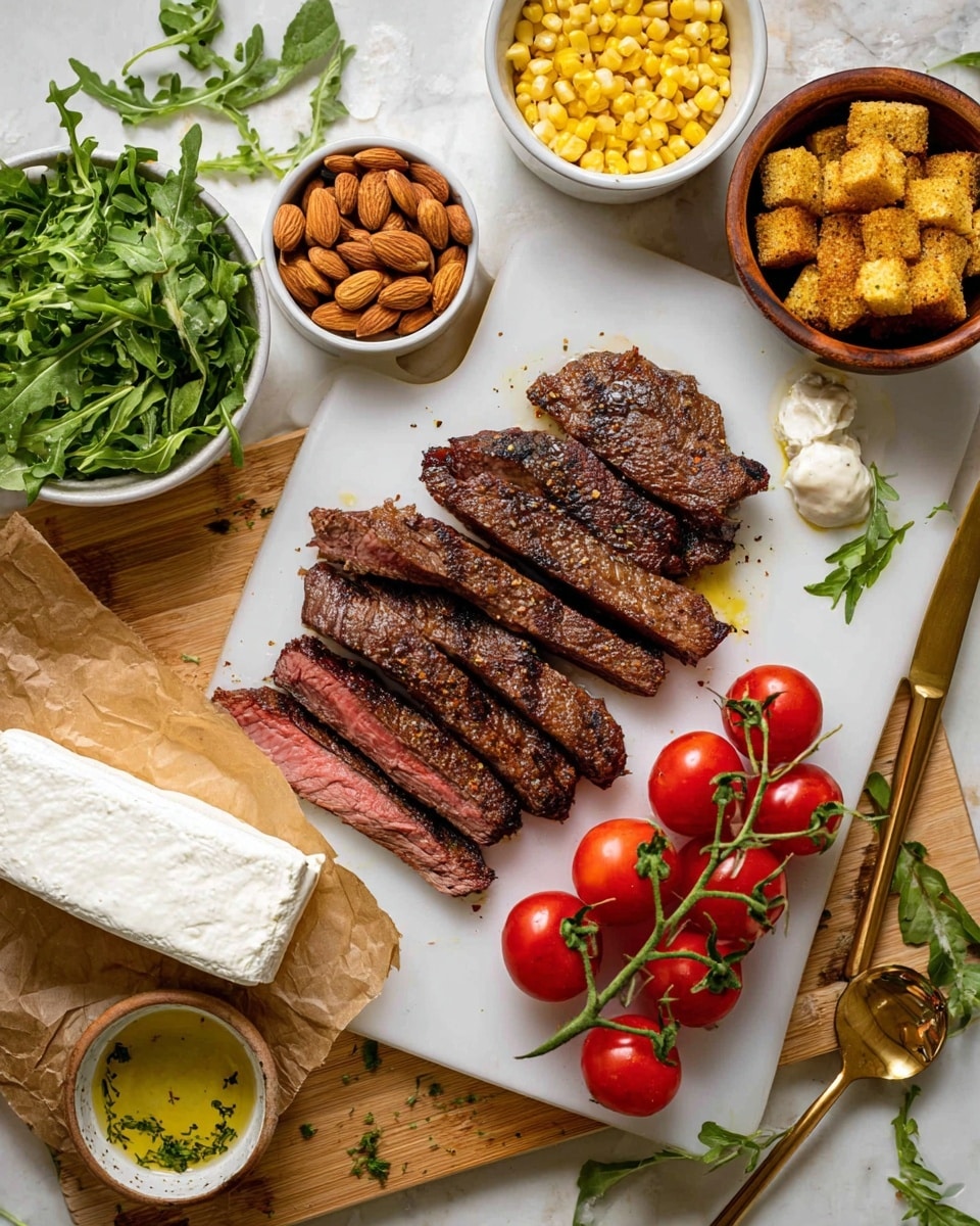 The image shows a white cutting board with several slices of grilled steak, each slice showing a dark brown, charred crust on the outside and a pink center, arranged in a slightly fanned out layer at the center left. On the right side of the board, there is a small cluster of bright red tomatoes still attached to their green vine. Above the steak, a small white bowl is filled with whole almonds, and to the top left, a white bowl is filled with fresh green arugula leaves. To the top right, a white bowl holds yellow corn kernels, and on the bottom right, a small wooden bowl contains golden-brown croutons. On the bottom left of the cutting board, a golden spoon rests next to a small round white dish containing a light-colored olive oil with herbs. Below this, on the wooden surface with some green leaves scattered, there is a log of white goat cheese on a piece of brown parchment paper. The entire scene is set on a white marbled surface. Photo taken with an iphone --ar 4:5 --v 7
