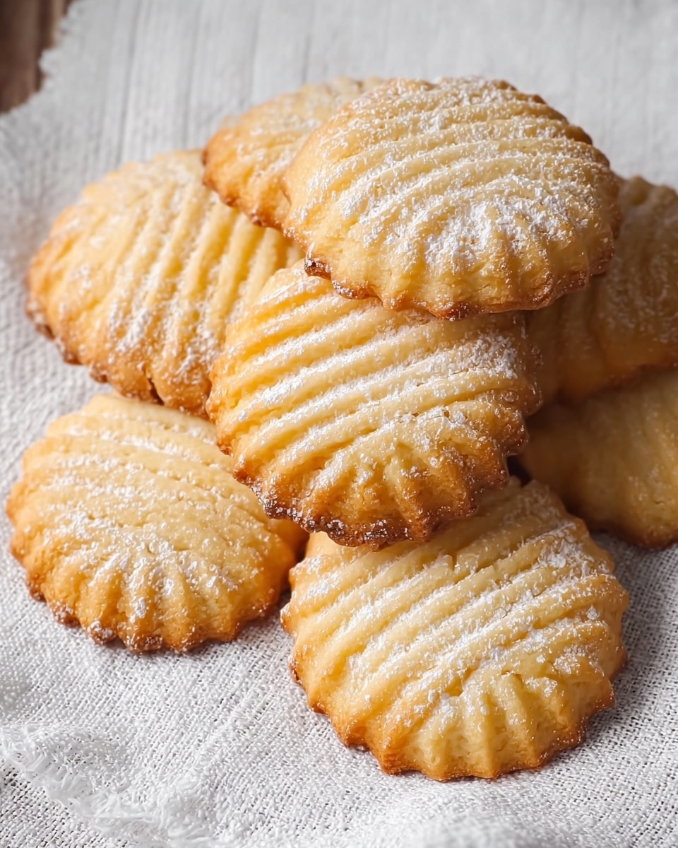 A pile of round cookies with golden brown edges and a light yellow center sits on a white, textured cloth. Each cookie has scalloped edges and a pattern of parallel ridges across the top. A light dusting of powdered sugar adds a soft white touch to the surface. The cookies are stacked casually, covering each other in a natural way. The background is a white marbled texture photo taken with an iphone --ar 4:5 --v 7