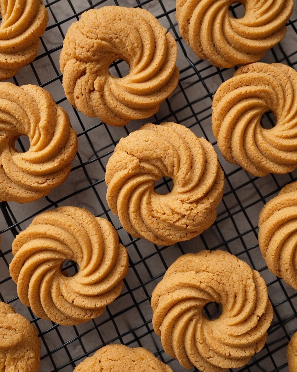 A group of light brown, round cookies with a swirled, ridged texture are spread out on a black cooling rack, each cookie showing a consistent spiral pattern with a hollow center. The cookies look crispy and evenly baked with small cracks on their surface, lying over a white marbled texture beneath the cooling rack. The arrangement is neat, showing multiple cookies, some slightly touching each other. Photo taken with an iphone --ar 4:5 --v 7