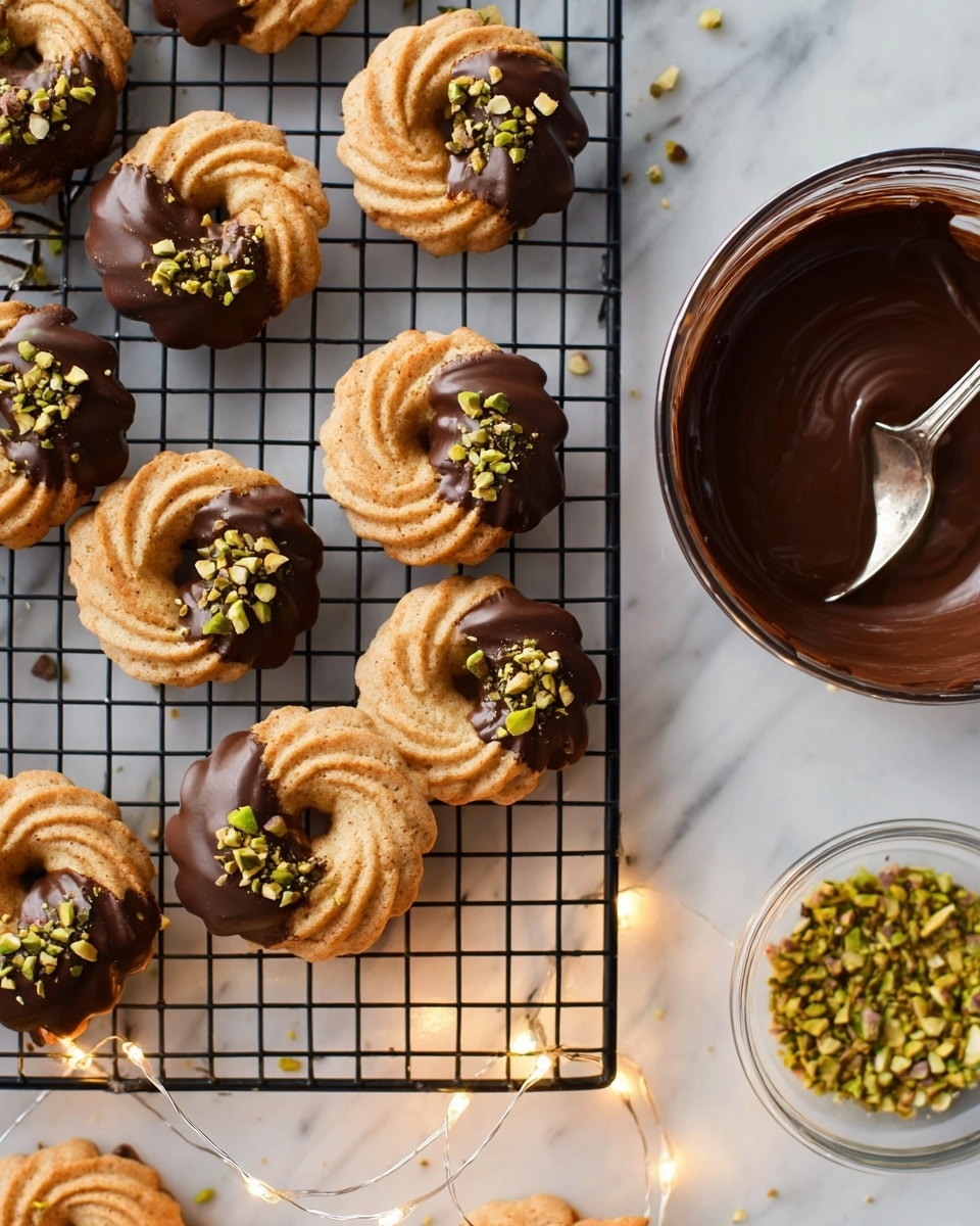 Several ring-shaped cookies with a swirled texture are placed on a black cooling rack on a white marbled surface. Each cookie is half dipped in dark chocolate, giving a smooth, shiny finish on one side, and is topped with small, chopped green pistachio nuts. To the right, there is a clear bowl filled with melted dark chocolate with a spoon resting inside, and a smaller clear bowl containing more chopped pistachios nearby. Warm white fairy lights are softly glowing underneath the cooling rack. Photo taken with an iphone --ar 4:5 --v 7