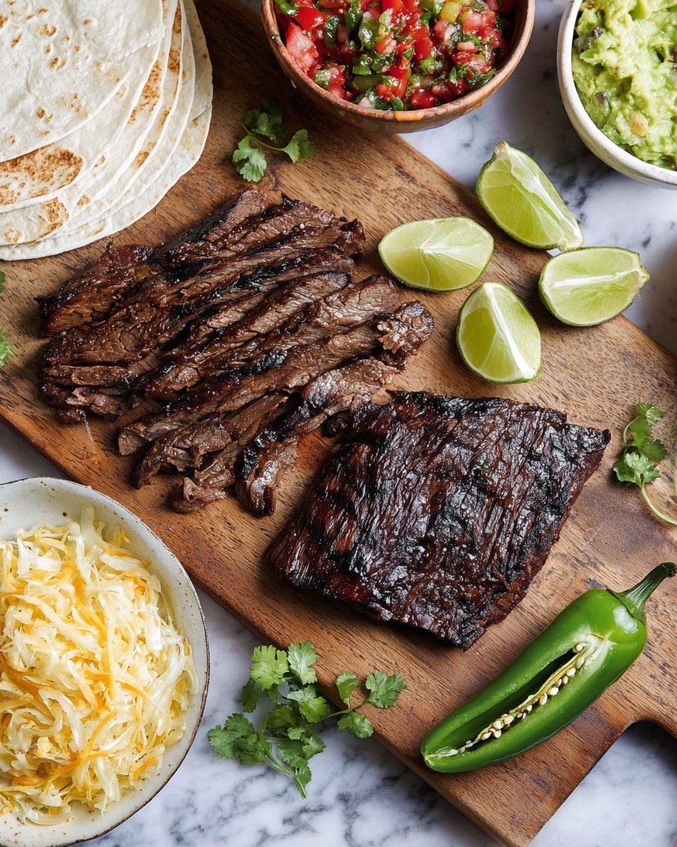 A wooden cutting board holds two pieces of grilled dark brown meat with visible grill marks; the larger piece is sliced thin and arranged in a fanned-out style, while the smaller piece remains whole with a glossy charred texture. A green chili pepper cut in half lengthwise with white seeds inside lies near the top right of the board, with three lime wedges scattered around the meat. To the left, folded white tortillas are stacked on a white marbled surface. Surrounding the board are bowls: one with bright red and green salsa topped with fresh herbs, another with light green guacamole, a bowl of yellow shredded cheese, and a bowl of cooked sautéed onions and green peppers. Photo taken with an iphone --ar 4:5 --v 7