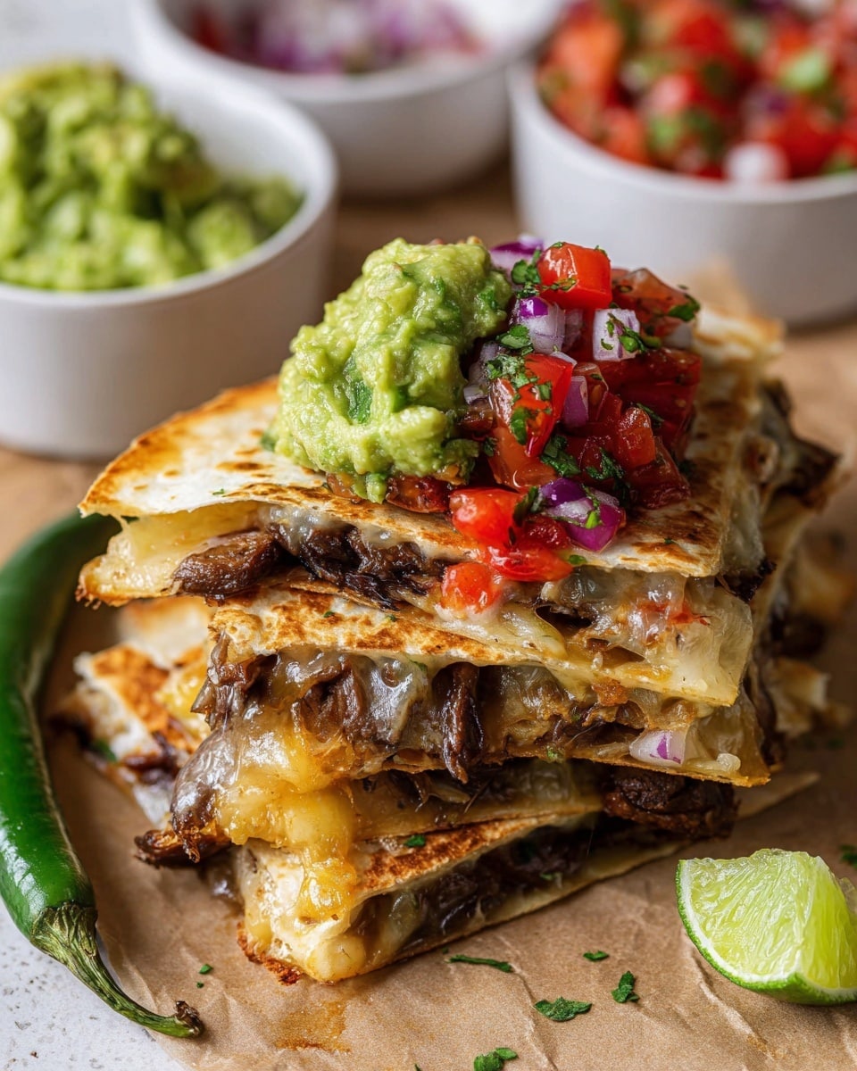 The image shows a stack of quesadillas on a light brown paper surface with a white marbled texture background. There are three visible layers of golden grilled tortillas folded with melted cheese and dark brown grilled meat mixed with cooked onions inside. The top layer of the quesadilla stack has a generous spoonful of green guacamole, topped with finely chopped red tomatoes, purple onions, and green herbs. Nearby, there is a green grilled chili pepper on the left side and a wedge of lime in the front right corner. In the background, two white bowls hold additional guacamole and salsa with bright red, green, and purple diced ingredients. photo taken with an iphone --ar 4:5 --v 7