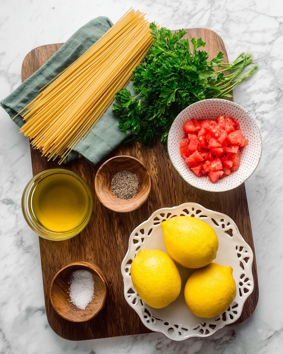 A wooden cutting board on a white marbled surface holds several ingredients arranged neatly: at the top left, dry spaghetti pasta is wrapped partially in a green cloth; to the right of it, a small white bowl with a dotted texture contains bright red, chopped tomatoes; next to the bowl, a bunch of fresh green parsley lies on the board. Below the parsley, a white decorative plate with an open lace-like edge holds four whole yellow lemons. In the bottom left corner, a clear glass bowl holds golden olive oil, and next to it, a small round wooden bowl contains a mix of white granules and black pepper. The overall setup is clean and organized. photo taken with an iphone --ar 4:5 --v 7