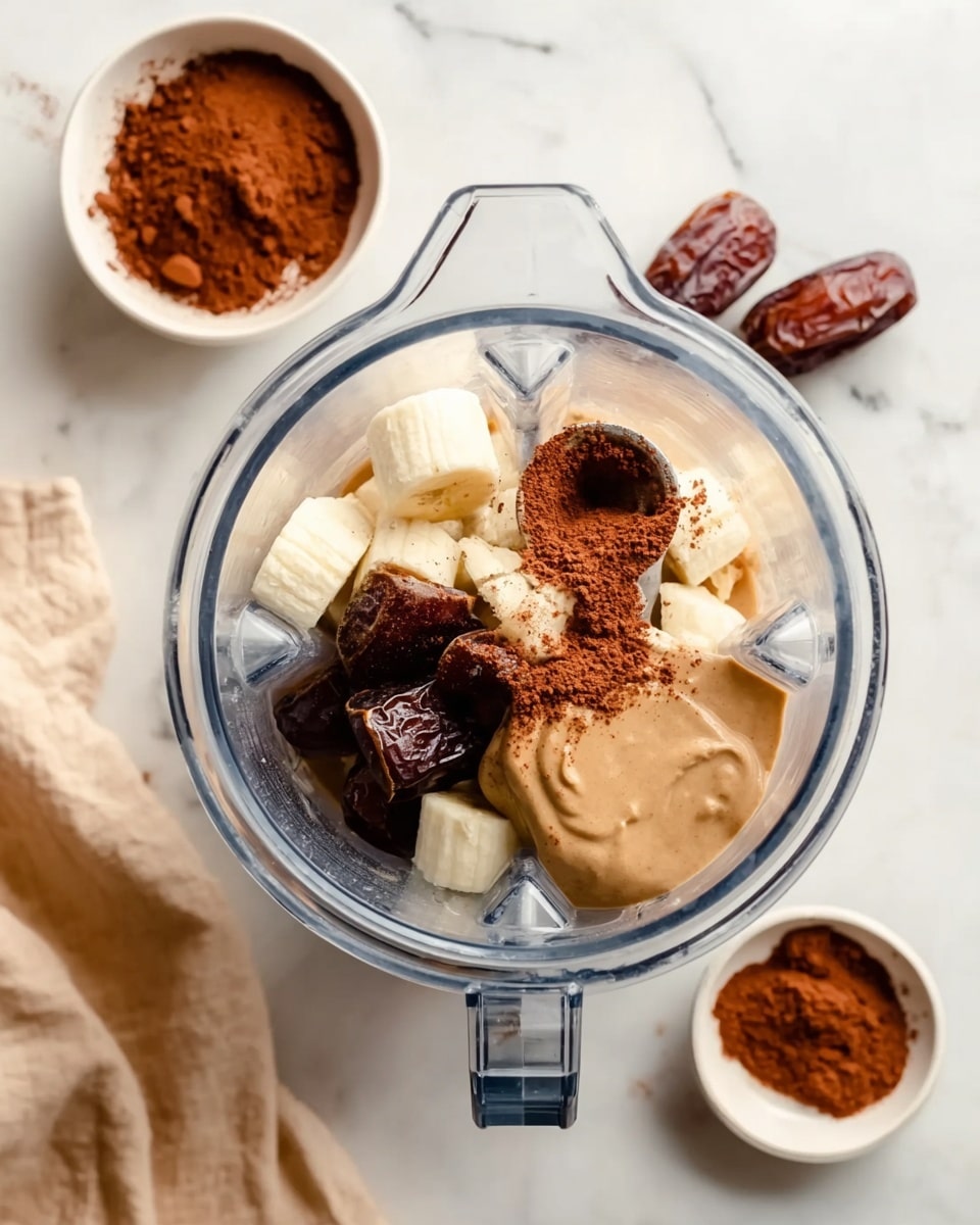 A top view of a clear blender jar placed on a white marbled surface, filled with multiple layers of ingredients: chunks of white frozen banana, a few dark brown dates, a scoop of light brown cocoa powder, and a smooth layer of creamy light brown nut butter. The jar sits near two small white bowls containing cocoa powder and nut butter, with two more dates scattered on the surface nearby. A beige cloth is partially visible in the bottom left corner. photo taken with an iphone --ar 4:5 --v 7