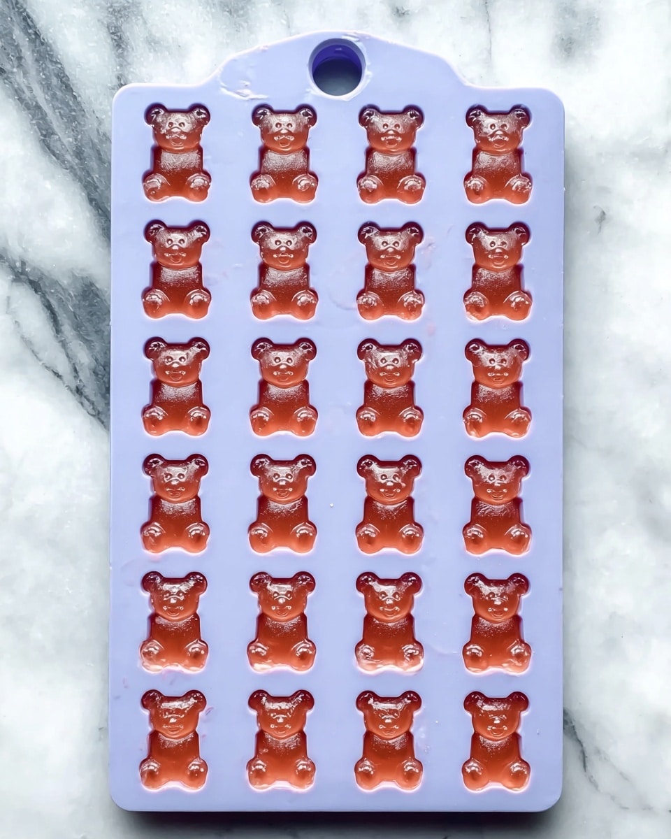 A light purple silicone mold with 30 small bear-shaped cavities filled with a smooth, reddish-orange liquid is placed on a white marbled surface. Each bear shape shows clear details of the head, body, and paws, with the liquid evenly filling every cavity. The mold has a small handle with a round hole at the top. Photo taken with an iphone --ar 4:5 --v 7