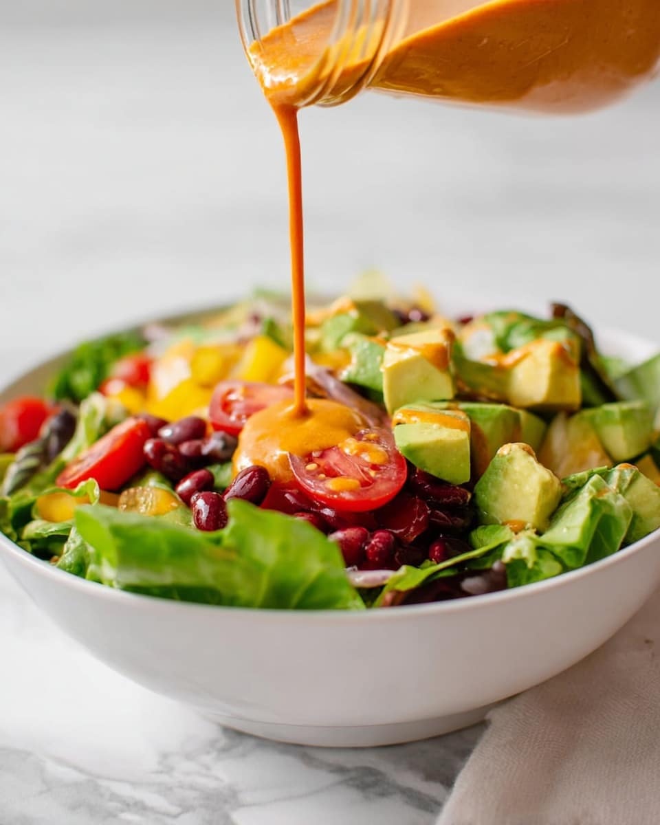 A white bowl filled with a colorful layered salad. The base layer is fresh green lettuce leaves around the edge. On top, there are layers of bright green avocado chunks, yellowish-orange pieces, deep red cherry tomatoes, and some dark beans. Bright orange dressing is being poured in a smooth stream from a glass jar above the salad. The background and surface show a white marbled texture. Photo taken with an iphone --ar 4:5 --v 7
