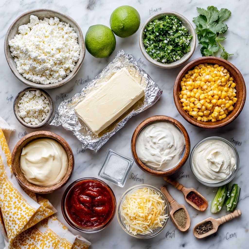 This image shows many small bowls and containers arranged on a white marbled surface, each filled with different ingredients. There is a small round bowl with crumbled white cotija cheese, a whole green lime, a small round bowl with chopped green chilies, another bowl filled with chopped fresh cilantro, a bowl with cooked yellow corn kernels, and a small glass dish holding a square piece of butter. In the center is an open foil packet with a block of cream cheese. Around it are a bowl of smooth mayonnaise, a bowl of white sour cream, a small glass bowl of red hot sauce, a bowl of sliced green onions, another bowl with shredded pepper jack cheese, and two tiny wooden spoons holding garlic powder and chili powder. A folded yellow and white patterned cloth is partially visible at the bottom left. The labels identifying each ingredient are positioned close to their respective bowls or containers. Photo taken with an iphone --ar 4:5 --v 7