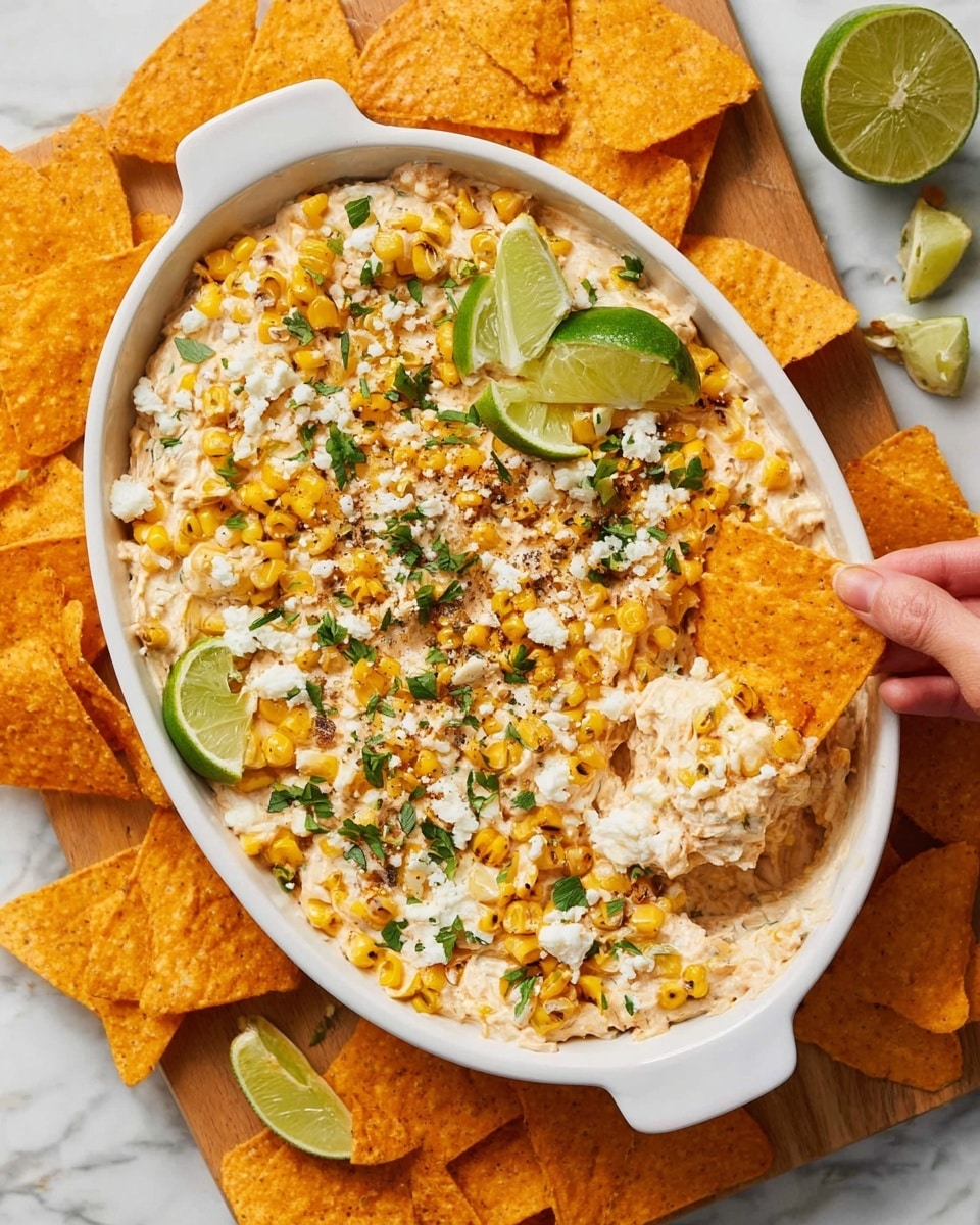 The image shows a white oval dish filled with a creamy, textured dip topped with grilled yellow corn kernels and scattered green herbs. There are crumbled white cheese bits spread across the top, with several lime wedges placed along the edge of the dish. Three large, triangular tortilla chips are dipped into the mixture, one of which is held by a woman's hand scooping some dip. Surrounding the dish are more orange-yellow triangular tortilla chips placed on a light brown wooden board, all set against a white marbled surface. Photo taken with an iphone --ar 4:5 --v 7