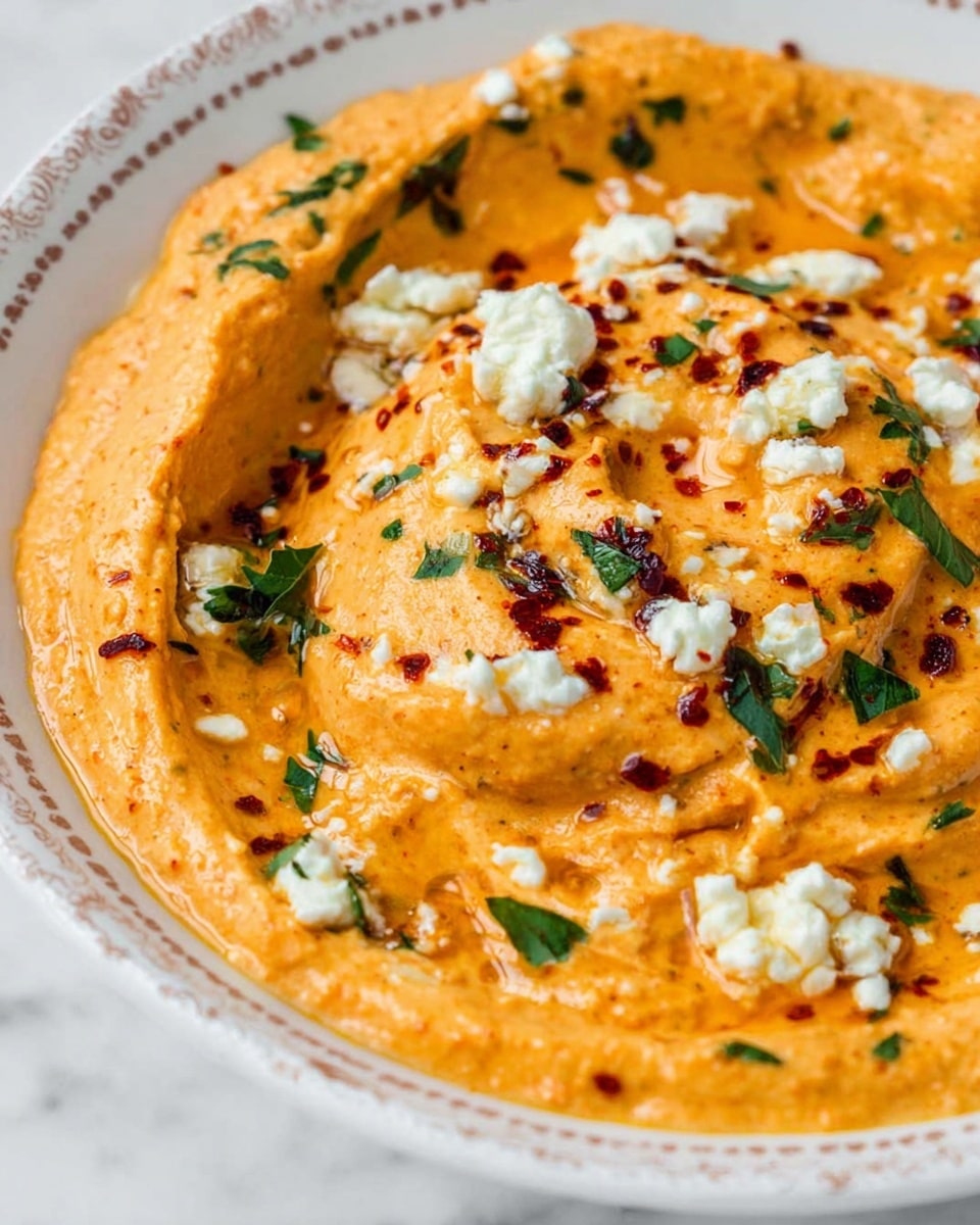 A close-up view of a creamy orange dip served in a white bowl with a delicate decorative rim. The dip has a smooth, slightly chunky texture with swirls and peaks. It is topped with small chunks of white cheese scattered unevenly across the surface. Bright green parsley leaves and dark red chili flakes are sprinkled on top, adding color contrast and texture. The bowl rests on a white marbled surface. photo taken with an iphone --ar 4:5 --v 7