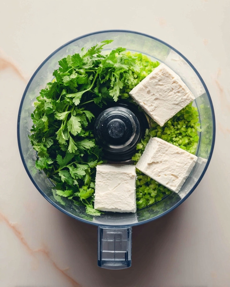 A top view of a clear food processor bowl sitting on a white marbled surface, filled with fresh green cilantro leaves on one side, bright green chopped ingredients on the other side, and three large white rectangular blocks of soft cheese placed on top, with the black center blade piece visible in the middle photo taken with an iphone --ar 4:5 --v 7