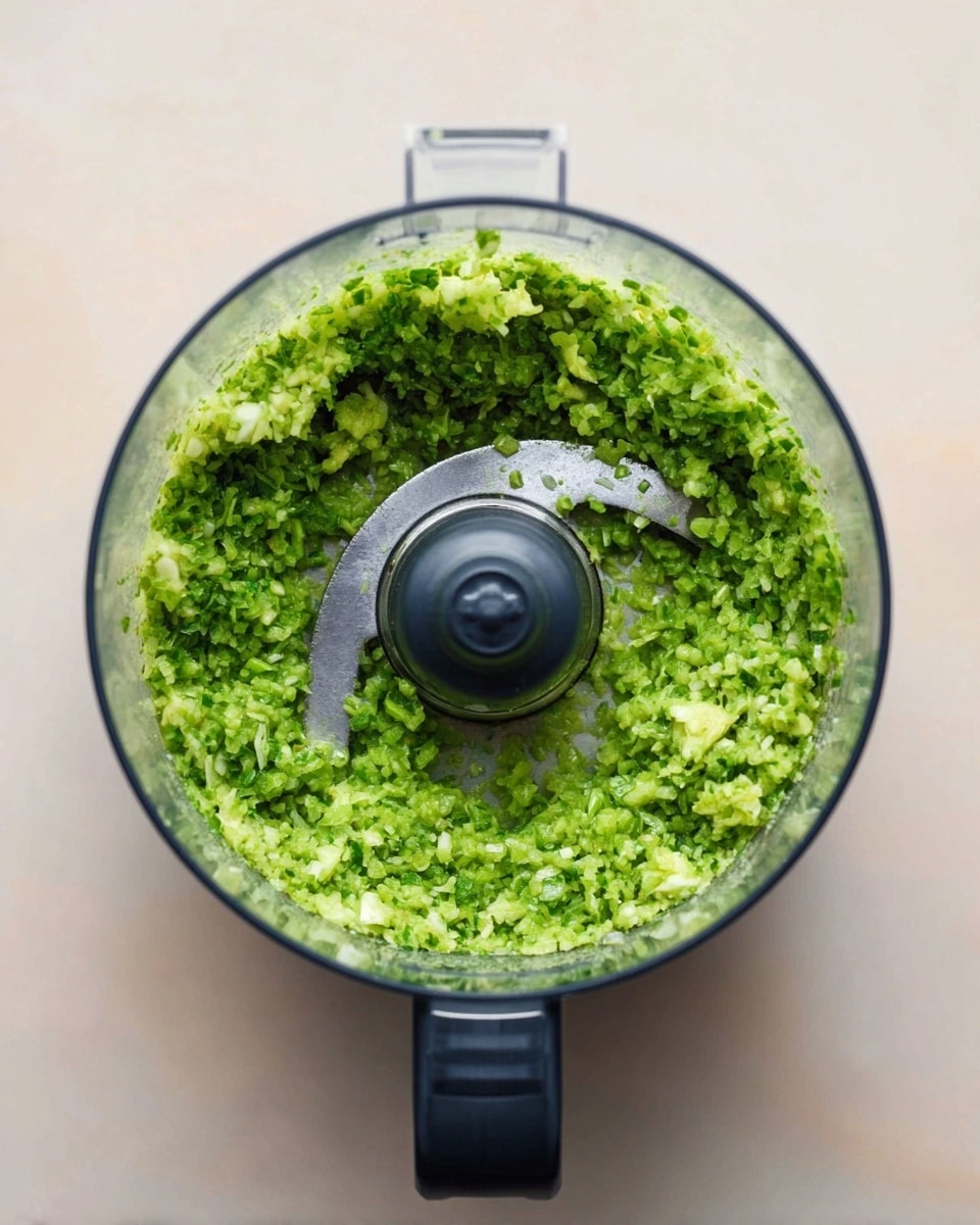 The close-up image shows a food processor bowl filled with finely chopped green ingredients, creating a mix of bright and light green colors with a slightly chunky texture. The food processor is placed on a white marbled surface. The lid of the processor is translucent, and the black blade and central spindle are visible in the middle of the green mixture. The background is soft light beige. photo taken with an iphone --ar 4:5 --v 7