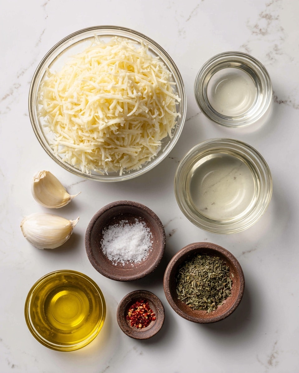 A top-down view shows six small bowls and two garlic cloves arranged on a white marbled surface. At the top center is a clear glass bowl filled with finely shredded pale yellow cheese. Below it, slightly to the right, is another clear glass bowl containing transparent liquid. To the left of it, there are two light beige garlic cloves placed directly on the surface. Near the center is a small brown bowl holding a mix of dried green herbs. Below this is another small brown bowl divided into three sections holding white salt, small red flakes, and black pepper. At the bottom left is a clear glass bowl filled with golden olive oil. The layout is neat and spaced out evenly. Photo taken with an iphone --ar 4:5 --v 7