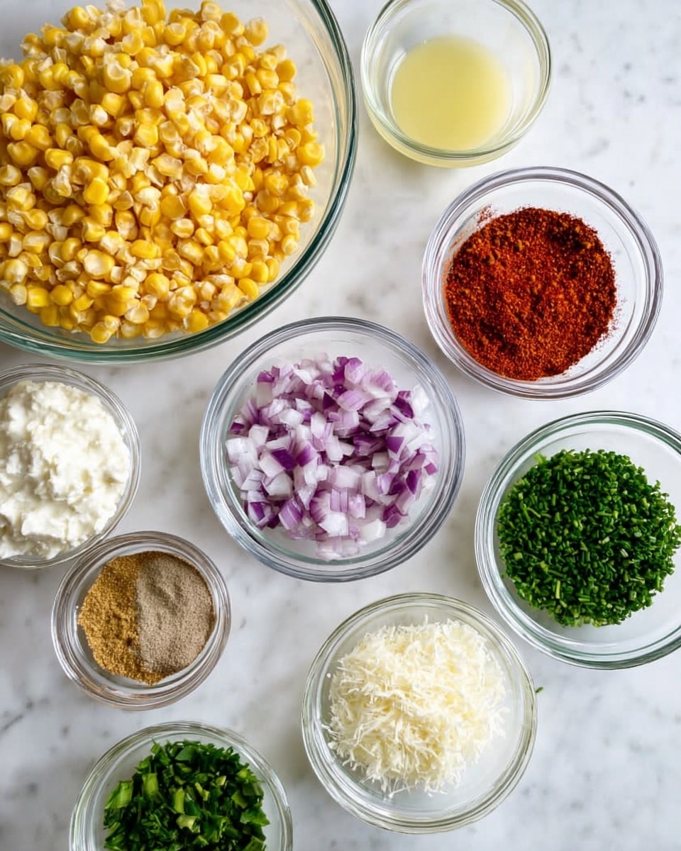 The image shows nine small clear glass bowls arranged on a white marbled textured surface, each filled with different ingredients. At the bottom left is a large clear glass bowl filled with yellow corn kernels, with some pieces appearing both whole and slightly crushed. In the top left corner is a bowl with a creamy white substance, next to it on the right is a bowl of light yellow liquid. To the right of the yellow liquid is a bowl filled with bright red powder. To the right of the red powder is a bowl with finely chopped purple and white onion pieces. Below the yellow liquid is a small bowl with brown powder, below the brown powder is a bowl filled with finely chopped green chives. To the right of the chives is a bowl of grated white cheese, and below the cheese is a bowl of roughly chopped leafy green herbs. photo taken with an iphone --ar 4:5 --v 7