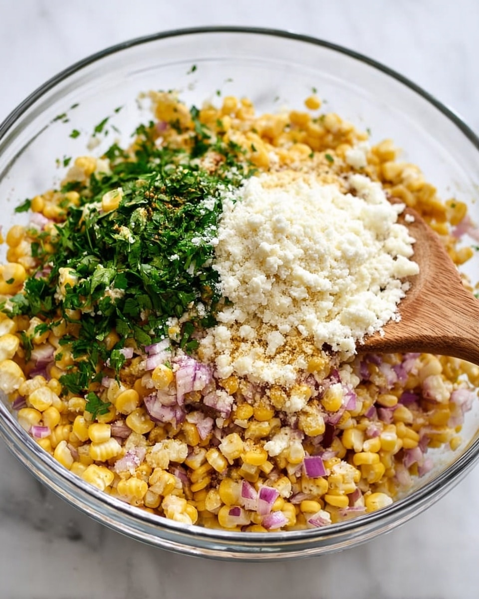 A clear glass bowl sits on a white marbled surface filled with a layered mixture. The bottom layer is made of small yellow corn kernels mixed with tiny pieces of purple onion, showing a rough texture. On top of the corn and onion mix, there is a pile of finely chopped bright green cilantro leaves on one side, and a mound of white grated cheese with a crumbly texture on the other side. A wooden spoon is partially visible inside the bowl, ready to mix the ingredients. The colors are vibrant, with the yellow, green, white, and purple clearly separated. Photo taken with an iphone --ar 4:5 --v 7