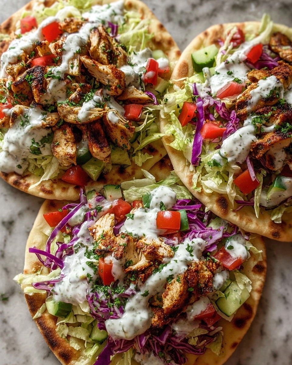 Three flatbreads are laid out close together on a white marbled surface. Each flatbread has a warm light brown color with some darker toasted spots. On top of the flatbread is a layer of shredded green lettuce mixed with thin purple cabbage strips, creating a colorful base. Over this, pieces of seasoned grilled chicken with a dark golden-brown color are spread. Small chunks of red tomato and pieces of green cucumber add fresh pops of color. Finally, a white creamy sauce is drizzled over everything and sprinkled with chopped fresh green herbs. The overall look is vibrant and fresh, capturing a mix of textures and colors. photo taken with an iphone --ar 4:5 --v 7