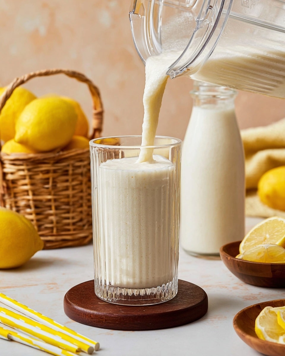 A thick white creamy smoothie is being poured from a clear blender into a tall ridged clear glass that is about half full, sitting on a dark wooden coaster on a white marbled surface. Behind the glass is a tall clear bottle filled with the same smoothie, also on a dark wooden coaster. To the left, a wicker basket holds several bright yellow lemons, next to two yellow and white striped straws laid on the white marbled surface. On the right side, a small wooden bowl contains lemon wedges. The overall scene has a soft warm light, with a light beige background. photo taken with an iphone --ar 4:5 --v 7