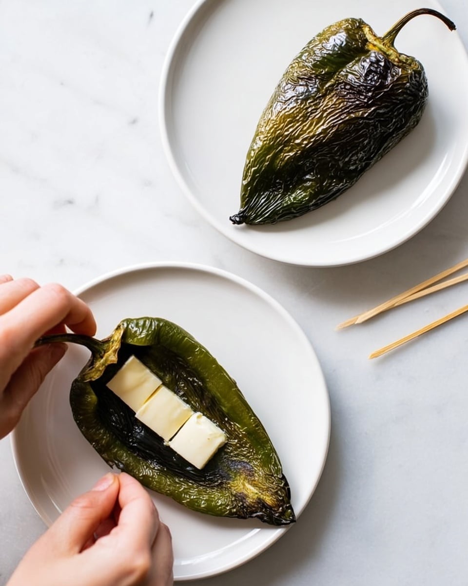 The image shows two white plates each with a single green roasted pepper. The pepper on the left plate is opened in the middle to reveal two rectangular pieces of white cheese inside, and a woman's hand is gently lifting one side of the pepper open. The pepper skin is wrinkled and charred dark green with some lighter green parts. On the right plate, the pepper is closed and held together by a small wooden toothpick, with the same dark green roasted and slightly wrinkled outer skin. Both plates rest on a white marbled surface with two wooden toothpicks placed nearby. Photo taken with an iphone --ar 4:5 --v 7