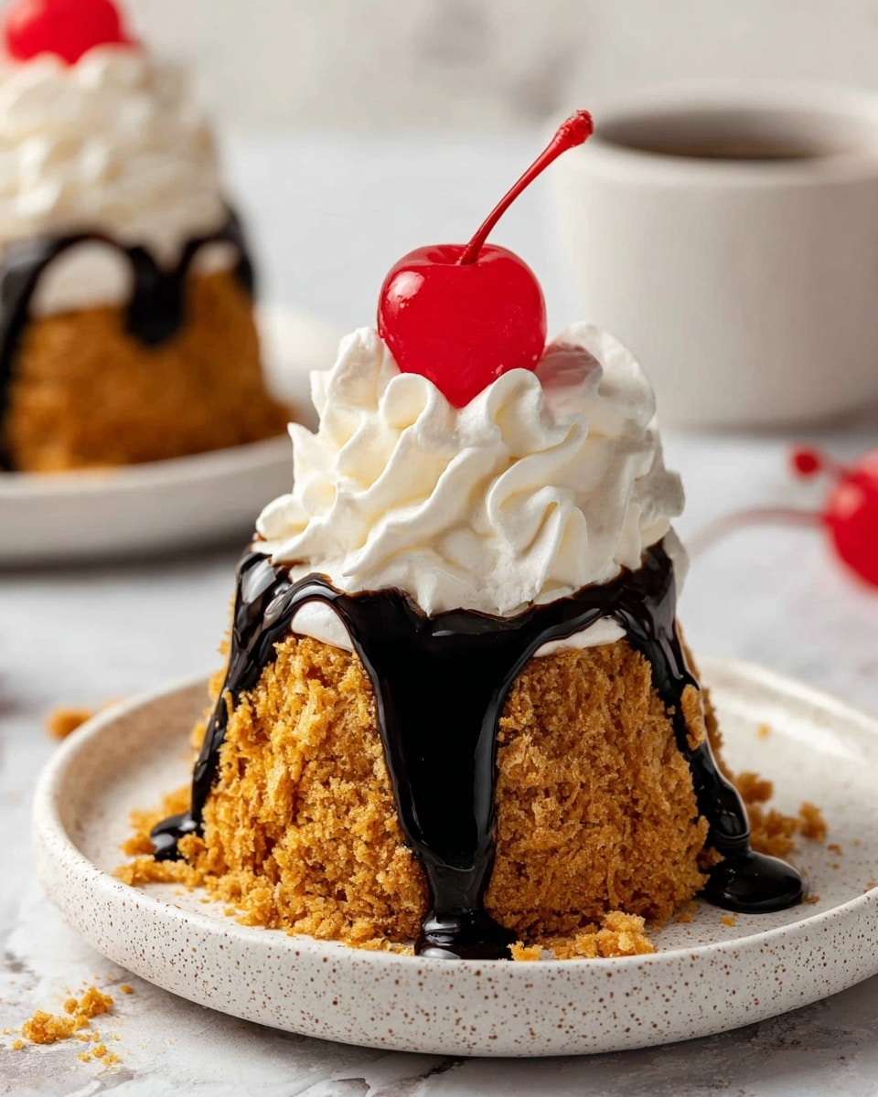The image shows a small, round dessert with three main layers. The bottom layer is a textured, golden-brown crumb crust that looks crunchy and thick, covering the dessert fully. On top of this crust are three thick, shiny black lines of sauce, running down the sides. Above the sauce is a fluffy white swirl of whipped cream, with soft folds and peaks. At the very top, there is a bright red cherry with a short stem, sitting right in the middle of the whipped cream. The dessert is placed in the center of a speckled white plate, sitting on a white marbled surface. In the blurred background, a similar dessert sits on another white plate. photo taken with an iphone --ar 4:5 --v 7