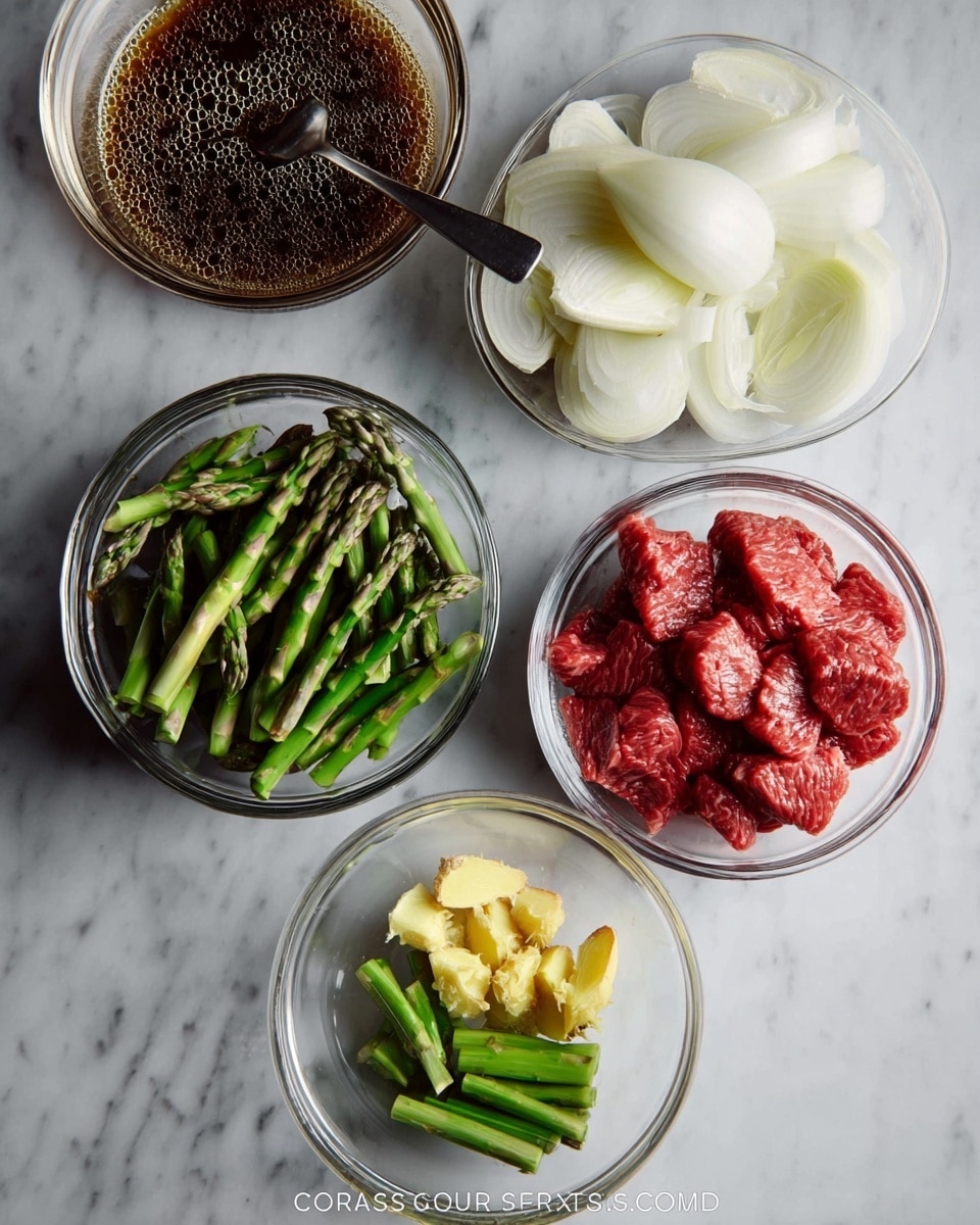 The image shows five clear glass bowls placed on a white marbled surface. The top right bowl is filled with red raw meat slices, detailed with a fresh texture. The top middle bowl holds large pieces of white sliced onion with visible layers. The bottom left bowl contains bright green asparagus pieces cut into sections, with both spears and stalks. The small bottom right bowl has thin slices of light yellow ginger and white garlic. On the left side is a glass bowl with a dark brown sauce, with bubbles on the surface and a spoon inside. Photo taken with an iphone --ar 4:5 --v 7