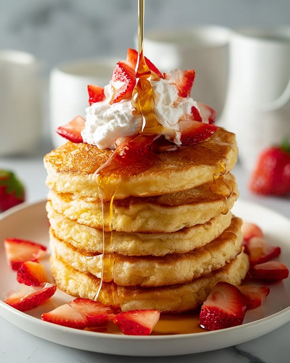 A stack of three golden brown pancakes with soft, slightly fluffy texture is shown on a white plate. The pancakes are layered one on top of the other, with syrup drizzling down the sides and pooling on the plate. On top of the pancakes, there is a mix of fresh berries including red raspberries, strawberries, and dark blueberries. These berries are also lightly dusted with powdered sugar, which adds a light white sprinkle over the pancakes and berries. More berries and powdered sugar can be seen around the base on the plate. The plate rests on a white marbled surface. photo taken with an iphone --ar 4:5 --v 7