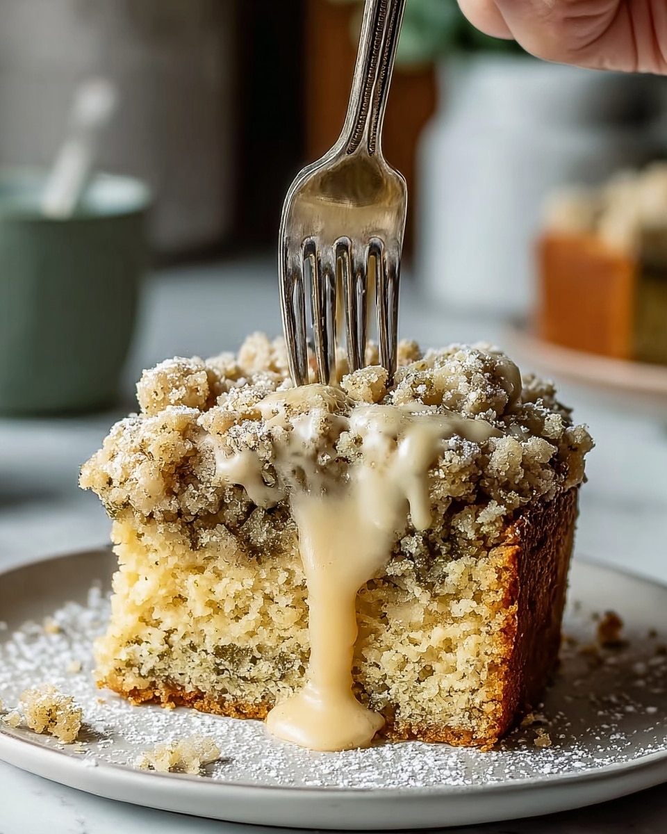 A thick slice of light brown cake with a crumbly texture sits on a white plate with a gray rim on a white marbled surface. The cake has a slightly darker brown crust around the edges. On top, there is a yellow glaze dripping down the side, sprinkled with chopped walnuts. Powdered sugar dusts the top edge of the cake and the plate. A silver fork rests next to the cake with some crumbs scattered nearby. In the background, there is a blurry white mug and a dark object. Photo taken with an iphone --ar 4:5 --v 7