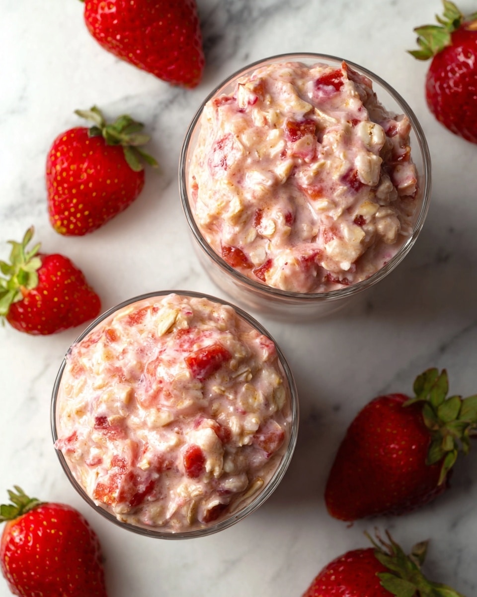 Two clear glass cups are filled with a creamy mixture of light pink oatmeal and chopped strawberries, showing a mix of pink, red, and light beige textures. The creamy oatmeal with strawberry pieces creates a chunky, soft look filling each cup to the top. The cups sit on a white marbled surface, surrounded by whole bright red strawberries with green leaves, adding a fresh and natural touch to the scene. photo taken with an iphone --ar 4:5 --v 7