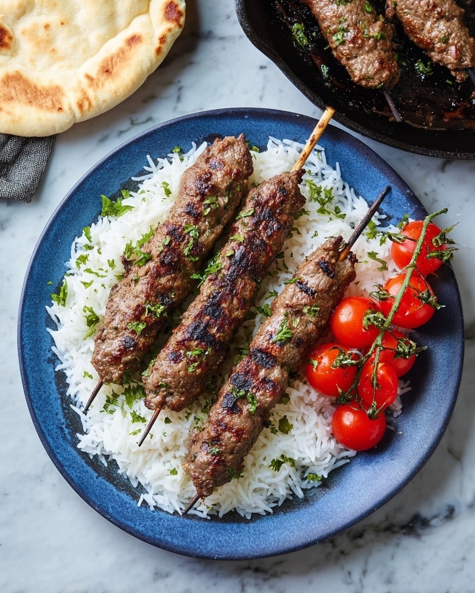 A blue round plate holds a bed of fluffy white rice spread evenly, topped with three grilled meat skewers that are dark brown with grill marks and sprinkled with small pieces of green herbs. On the right side, a small cluster of bright red cherry tomatoes still on their green vine adds a fresh color contrast. The plate sits on a white marbled surface, and the top of a black skillet with more of the skewers is partly visible above the plate. On the left edge, a piece of beige flatbread is partially shown. Photo taken with an iphone --ar 4:5 --v 7