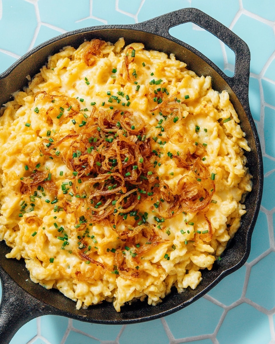 The dish shows a black cast iron skillet filled with golden yellow spaetzle pasta, topped with melted cheese that creates a creamy texture. There are small green chive pieces scattered on top and clusters of caramelized onion rings adding a touch of brown and slight crispiness in the center and around the pasta. The skillet is placed on a light blue surface with white hexagonal tile patterns, which should be changed to a white marbled texture for the prompt. photo taken with an iphone --ar 4:5 --v 7