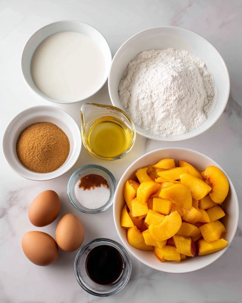The image shows seven white bowls and a small glass measuring cup arranged on a white marbled surface. At the top right, a large white bowl holds a mixture of white flour with a small pile of orange cinnamon powder and white baking powder gathered together. Below and to the right, a medium white bowl contains two types of sugar, light brown sugar on the upper side and white sugar on the lower side, side by side. Between these two is a clear glass measuring cup filled with light yellow oil, placed slightly left. Beneath the sugar bowl, a small white bowl holds two brown eggs. To the left of the eggs, a white bowl contains white milk. On the right side next to the milk, a large white bowl is filled with chopped, bright orange peaches. In front of the peaches, a small clear glass holds dark brown vanilla extract. The background is a plain white marbled surface. Photo taken with an iphone --ar 4:5 --v 7
