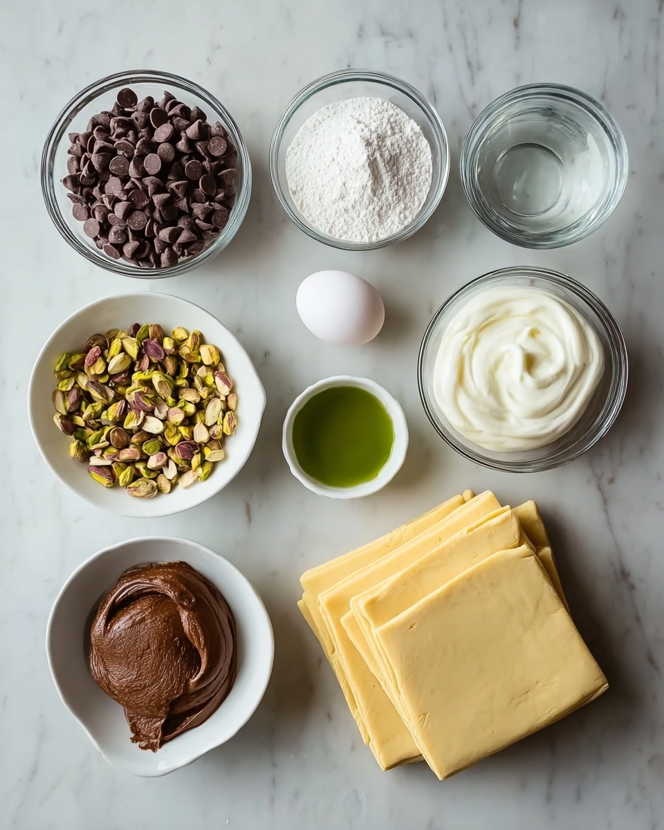 The image shows ingredients arranged neatly on a white marbled surface. There are eight main items: three folded sheets of pale yellow dough placed at the bottom right, a whole white egg to the left, a small white bowl with mixed chopped nuts including pistachios and almonds below the egg, and a small clear glass bowl with water above the egg. The top row has a glass bowl filled with dark brown chocolate chips on the left, a white bowl filled with white powdered sugar in the center, and a glass bowl with thick white cream on the right. Near the center between the dough and powdered sugar are two small white bowls, one with green liquid on the left and one with thick brown paste on the right. The items are spaced out evenly, creating a clean, organized look. photo taken with an iphone --ar 4:5 --v 7