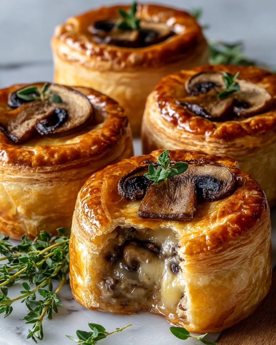 Three small mushroom pies sit on a white marbled surface. Each pie has a golden, flaky crust with visible layers, puffed on top and crimped around the sides to hold the creamy mushroom filling inside. The filling is light beige with small, tender mushroom pieces showing, and each pie is topped with a single cooked mushroom slice and a small green thyme sprig. One pie in the front has a bite taken out, revealing the creamy, thick mushroom inside with soft, shiny textures. photo taken with an iphone --ar 4:5 --v 7