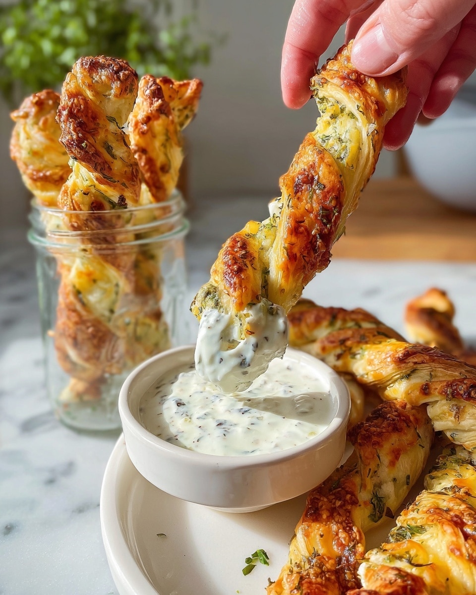The image shows a close-up of golden-brown, twisted pastry sticks with visible bits of green herbs and melted cheese on the surface. One pastry stick is being dipped into a small white bowl filled with thick white sauce studded with black specks, held by a woman's hand. The bowl sits on a white plate with more pastry sticks piled on it, all placed on a bright white marbled surface. In the background, a clear glass jar holds several more pastry sticks standing upright. The scene is set in a cozy kitchen with soft natural light highlighting the texture and color of the pastries. Photo taken with an iphone --ar 4:5 --v 7
