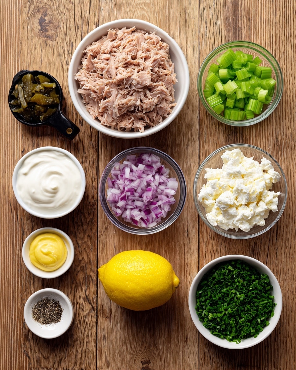 A top view of several small white bowls and jars arranged neatly on a white marbled surface, each filled with different ingredients: the top circle shows a bowl full of pinkish tuna flakes, below and slightly left a jar of chopped bright green celery, and right of it a jar holding finely chopped red onion with white and purple pieces; below them on the left is a bowl of thick white Greek yogurt and opposite on the right is a bowl containing white curd-like cottage cheese. In the center below these is a whole bright yellow lemon. Along the bottom, four small white bowls hold seasonings and toppings from left to right: a mixing of salt and black pepper, yellow mustard in a small bowl with a handle, finely chopped green chives in another white bowl with a handle, and chopped green gherkins in a black bowl with a handle. Each ingredient is labeled with a clear white font on dark green rectangular tags. Photo taken with an iphone --ar 4:5 --v 7