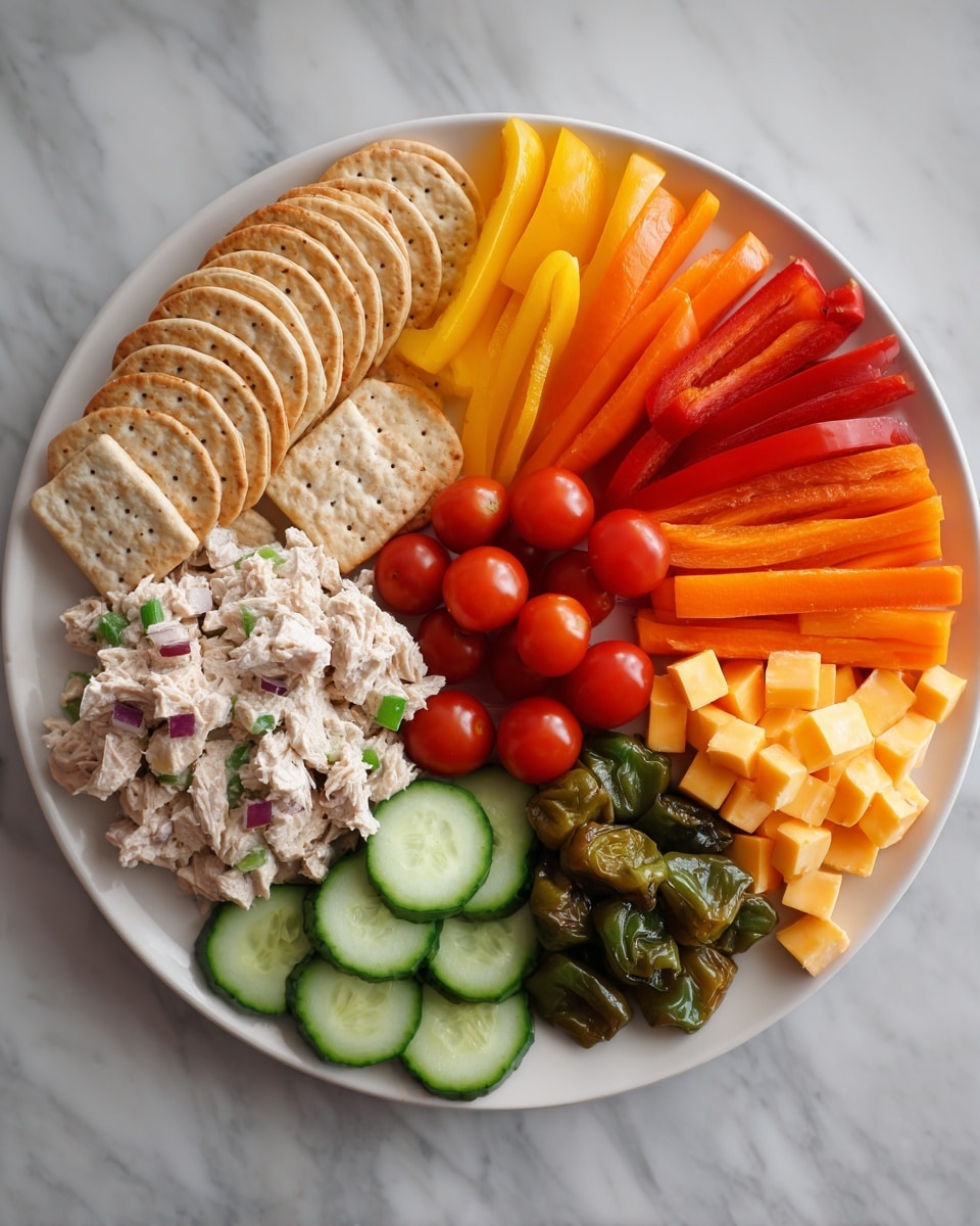 A white plate on a white marbled table holds a colorful food arrangement with seven distinct sections. Starting from the top left, there are six square golden-brown crackers overlapping each other. Below the crackers is a creamy mixture of tuna salad with visible bits of green celery and red onion. Moving clockwise, there are thin rings of bell peppers in orange, yellow, and red, layered on top of each other. Next to the peppers are several dark green roasted shishito peppers with a shiny texture. Below them are small cubes of orange cheddar cheese. To the left of the cheese are bright orange carrot sticks lined up neatly. Finally, three thick slices of fresh cucumber with visible seeds are arranged below the cherry tomatoes clustered in the middle of the plate. photo taken with an iphone --ar 4:5 --v 7