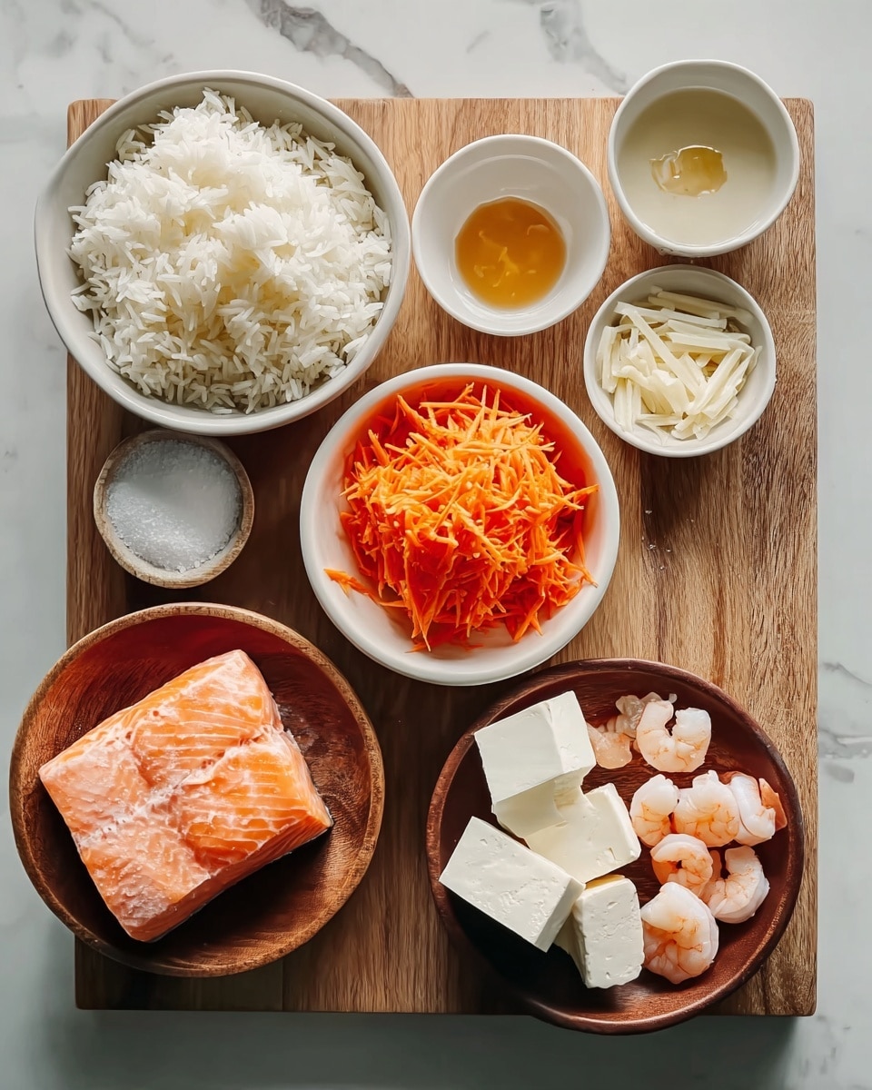 The image shows a wooden board on a white marbled surface holding several white bowls and small wooden plates with cooking ingredients. In the top left, a white bowl filled with white rice sits next to a small white bowl of coarse salt with a tiny wooden spoon, a small white bowl with sugar, and a small white bowl with a golden liquid. Below these, shredded bright orange carrots fill a white bowl. To the right, a white bowl holds thin white strips, possibly cheese or vegetables. On the bottom left wooden plate, a rectangular piece of light pink salmon lies next to a block of white tofu. On the bottom right wooden plate, a half block of white tofu sits beside a clear glass bowl containing small cooked shrimp, light pink with white accents. The setup is clean and simple, with soft natural light. photo taken with an iphone --ar 4:5 --v 7