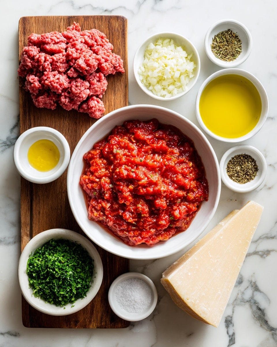 A white oval bowl filled with chunky red crushed tomatoes sits at the center on a white marbled surface. To its left, there is a rectangular wooden tray holding fresh pink ground beef. Around these, there are small white bowls containing various ingredients: finely chopped white onion, minced yellow garlic, a mound of green fresh parsley, dried oregano, bright yellow olive oil, a small pile of brown pepper, and white salt. On the right side of the tomatoes, a wedge of pale off-white Parmesan cheese rests against the bowl. Everything is laid out neatly, showing clearly labeled ingredients for a cooking recipe photo taken with an iphone --ar 4:5 --v 7