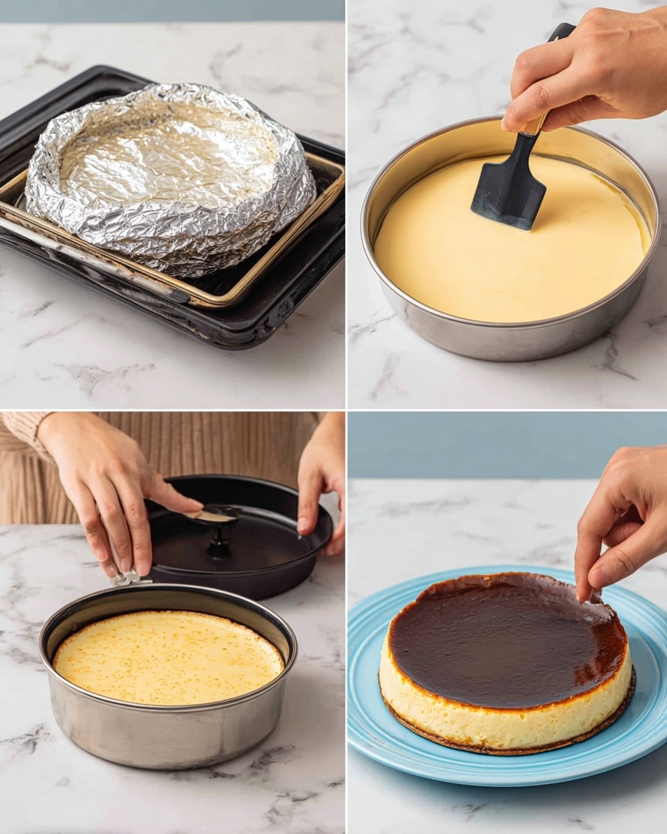 A smooth caramel layer, shiny and deep amber in color, sits on top of a thick, creamy yellow custard layer with a soft texture. The custard layer rests on a thin, slightly crumbly crust. A section is cut out, showing all the layers clearly from the side. On the top edge of the caramel layer, there is a line of fresh red raspberries, some halved red strawberries, and small round blue blueberries. The dessert is on a white plate with blue around the edge, placed on a white marbled surface. Photo taken with an iphone --ar 4:5 --v 7