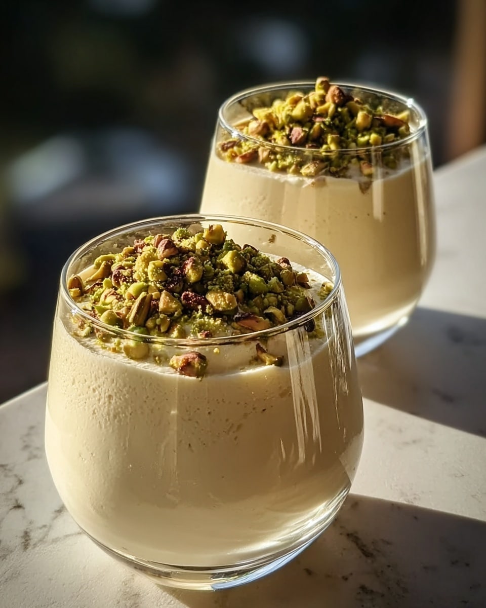 Two small clear glass cups hold layered desserts placed on a white marbled surface. Each dessert has three layers: a crumbly beige base at the bottom, a thick creamy pale yellow middle layer with a smooth texture, and a swirled creamy top layer of the same pale yellow color. The top is sprinkled with green and brown chopped pistachios, adding texture and contrast. The background is softly blurred, showing a kitchen setting with neutral tones. Photo taken with an iphone --ar 4:5 --v 7