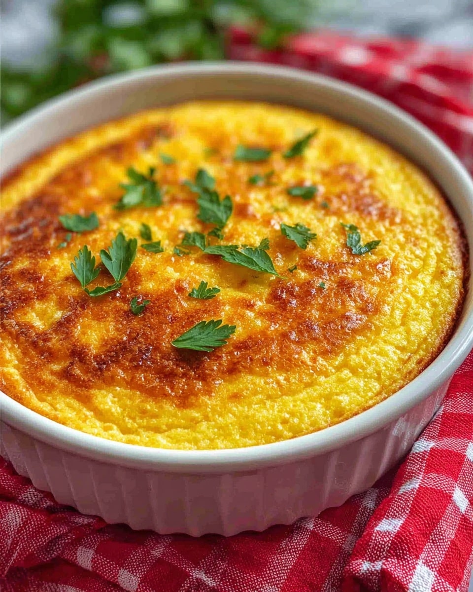 The image shows a golden baked corn casserole with two visible layers: a thick, creamy yellow corn and cheese filling at the bottom with a slightly lumpy texture, and a golden brown, crispy baked top layer that covers the surface evenly. A square piece has been removed from a round white dish with a red rim, revealing the soft interior. The removed piece is placed on a glossy red plate below the dish. Both are set on a white marbled surface next to a red and white checkered cloth. photo taken with an iphone --ar 4:5 --v 7