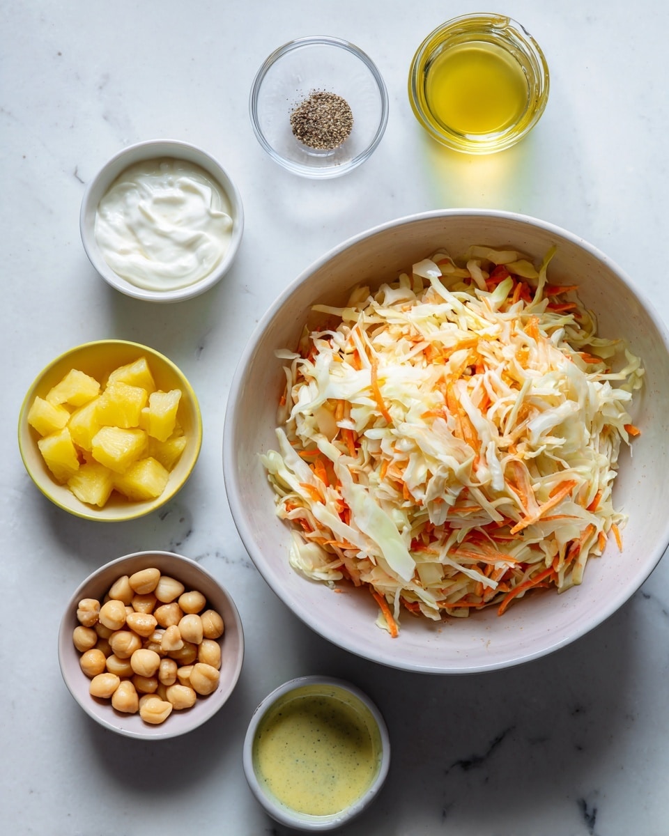 A large white bowl filled with a mix of shredded cabbage and carrots, showing white and orange colors with a textured, leafy look. Around it are smaller white bowls and dishes holding different ingredients: a white bowl with thick, creamy Greek yogurt, a small white bowl with chopped yellow pineapple tidbits, another small white bowl filled with round, light brown macadamia nuts, a clear small glass container with light greenish pineapple juice, a tiny glass cup with pale yellow apple cider vinegar, a yellow plate holding white salt and black pepper, and a green bowl with smooth, pale yellow Dijon mustard. All items are arranged neatly on a white marbled surface. Photo taken with an iphone --ar 4:5 --v 7