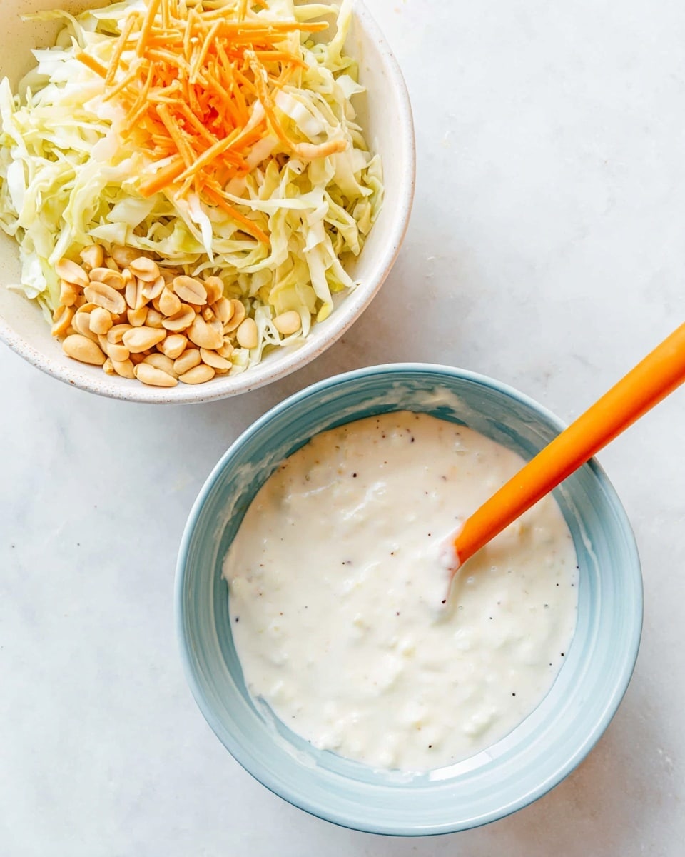 Two white bowls sit on a white marbled surface. The top bowl contains a mix of shredded pale green cabbage, thin orange carrot strips, and a small pile of light tan peanuts on the right side. The bottom bowl holds a smooth, creamy white sauce with tiny black specks, stirred gently with an orange spatula resting inside. The bowls have a soft blue outer rim. photo taken with an iphone --ar 4:5 --v 7