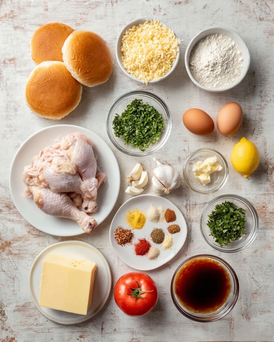 The image shows an arrangement of ingredients on a white marbled surface, neatly placed in white bowls and clear glass dishes. There are three light brown hamburger buns stacked on the left, a white plate with raw chicken legs next to them. Above the chicken, there are two white bowls, one filled with a white powdery ingredient and the other with coarse golden flakes. To the right, a small clear bowl holds chopped green herbs, with a garlic bulb below it and a small shallot beside it. A white plate displays four different spices arranged in small piles, and nearby are two whole eggs in a clear bowl. Below, there is a slab of cheese with small herbs, a yellow lemon, a red tomato, a small glass bowl with dark brown liquid, a pat of butter on a clear dish, and another clear dish with green herbs. The overall setup is tidy and colorful, showing a range of textures and fresh ingredients photo taken with an iphone --ar 4:5 --v 7