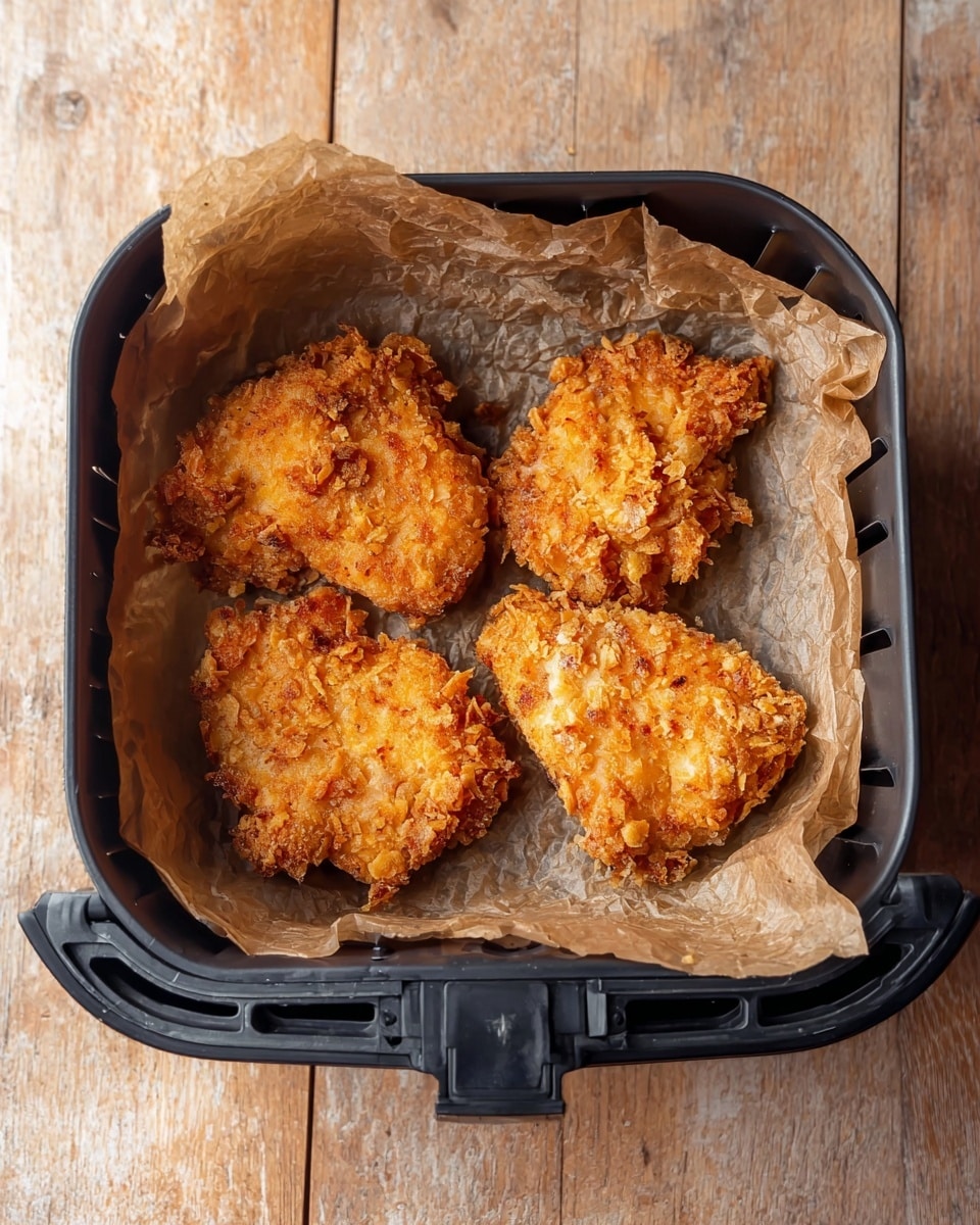 The image shows four pieces of crispy, golden-brown fried food with a crunchy, uneven coating, placed on a piece of brown parchment paper inside a black air fryer basket. The basket has a square shape with rounded edges and is positioned on a wooden surface with a natural, light brown texture. The fried pieces have a rough, chunky surface and vary slightly in shape and size. Photo taken with an iphone --ar 4:5 --v 7
