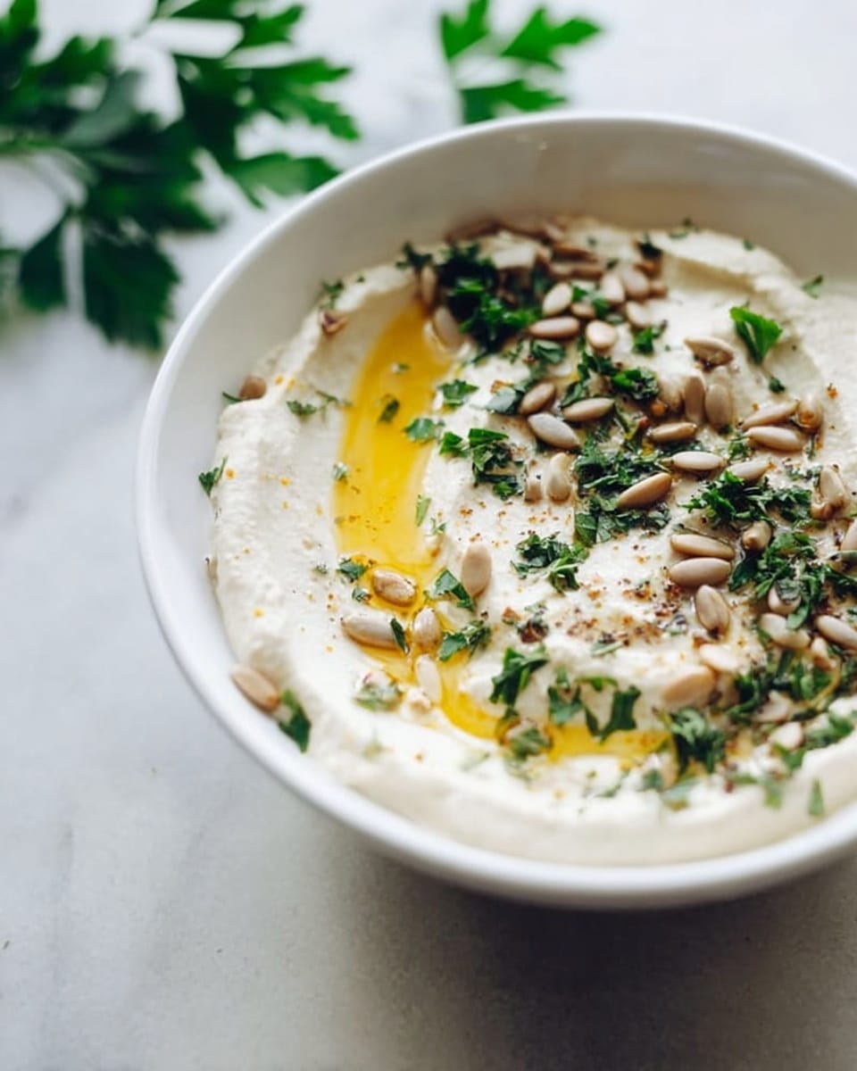 A white bowl filled with a creamy off-white hummus spread smoothly in one layer, topped with golden olive oil pooled on one side, light brown toasted sunflower seeds scattered across, and small pieces of green parsley sprinkled on top. The bowl is placed on a white marbled surface, with a blurred leafy green plant background. Photo taken with an iphone --ar 4:5 --v 7