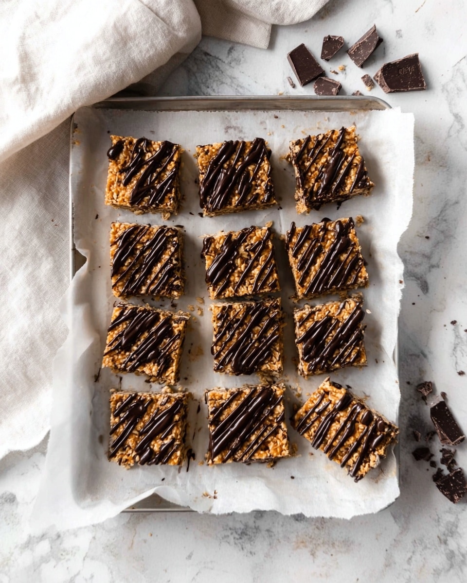 The image shows nine square bars arranged in a 3 by 3 grid on white parchment paper on a baking tray. Each bar has a textured base layer of mixed light brown and tan colors that look crunchy with small bits inside. On top of this is a generous drizzle of dark chocolate that creates a shiny, slightly uneven striped pattern across each piece. Around the tray are scattered small dark chocolate chunks. The setting is on a white marbled surface with a white cloth napkin on the top left. The overall look is of sweet, crunchy bars with a rich chocolate topping. photo taken with an iphone --ar 4:5 --v 7