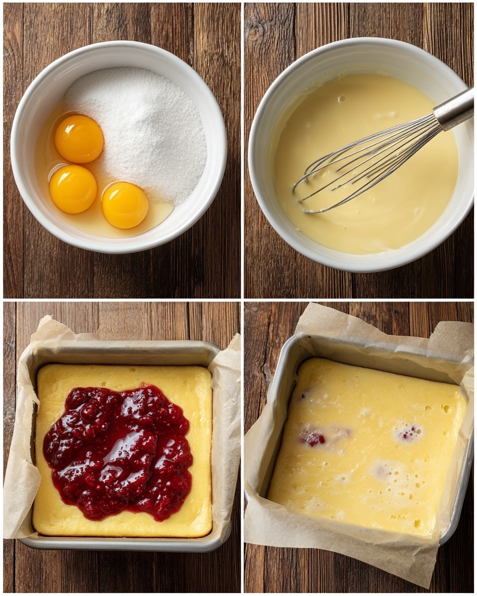 The top left image shows a white cooking bowl with three cracked eggs sitting on a bed of white sugar, beside a metal whisk placed on a wooden table. The top right image displays the same white bowl, now with the eggs and sugar mixed into a smooth, light yellow liquid with the whisk still inside. The bottom left image reveals a square baking pan lined with parchment paper holding a light yellow, thick batter layer topped with a dark red fruit jam spread unevenly on top. The bottom right image shows the same baking pan with an additional pale yellowish, slightly bubbly mix poured evenly over the jam, with some red spots visible beneath the surface, all placed on a wooden table. photo taken with an iphone --ar 4:5 --v 7