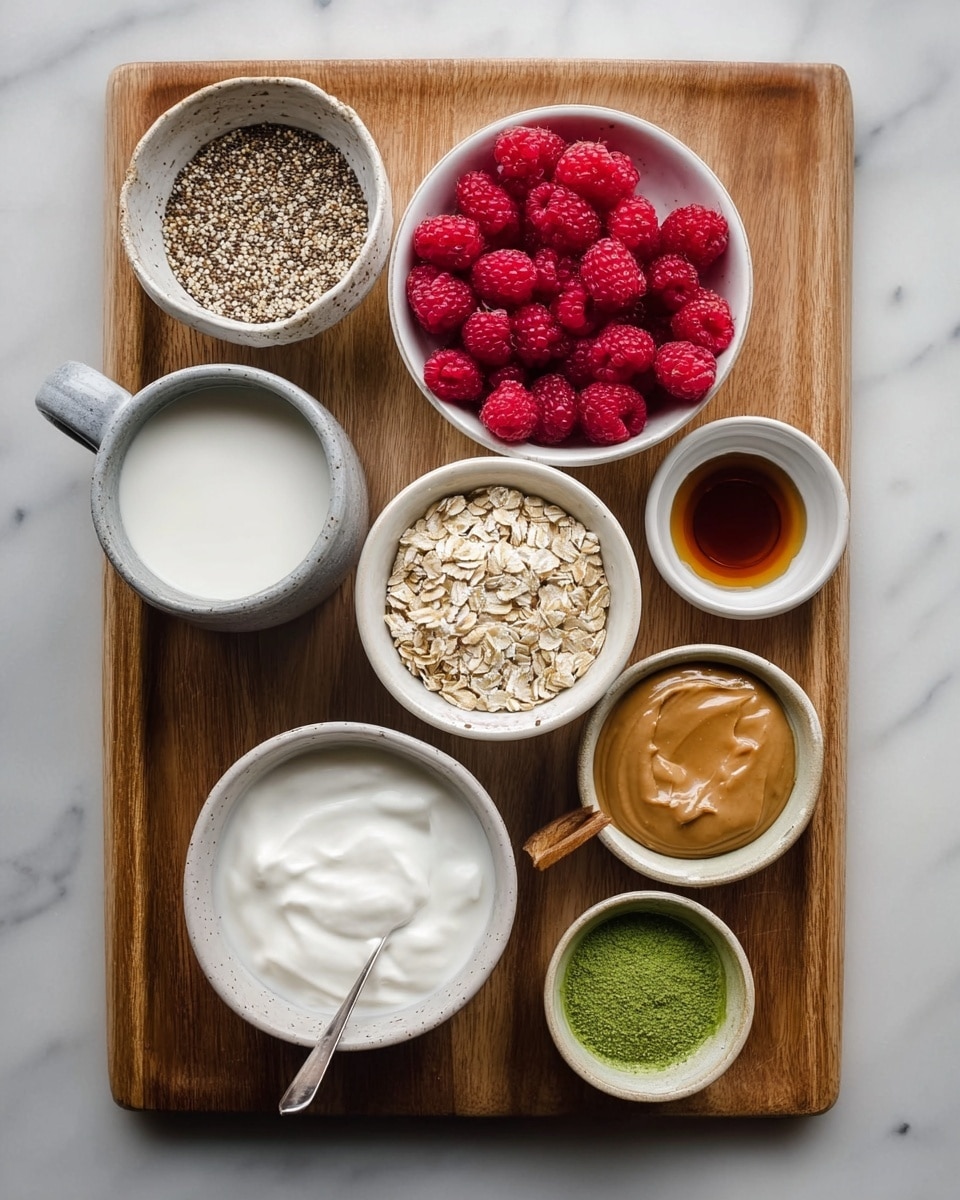 The image shows a wooden tray on a white marbled surface holding nine small white bowls and containers arranged neatly in a grid. In the middle is a small white bowl filled with dry oats, light beige in color and rough in texture. Above it, slightly to the left, is a white bowl with fresh, bright red raspberries piled up. To the left of the oats is a speckled white bowl with light brown chia seeds with a smooth, tiny texture. Below the oats on the left is a white bowl with thick white yogurt with a creamy texture. On the right side of the oats, moving down, is a small white bowl with a spoon inside filled with creamy light brown peanut butter. Below it is a very small white bowl with a dark amber drop of honey. Below the oats and honey is a small beige bowl holding smooth vanilla extract colored dark brown. Above the peanut butter on the left is a small white bowl of bright green matcha powder with a fine texture. Above the chia seeds, to the left, is a gray ceramic cup filled with white almond milk with a smooth surface. photo taken with an iphone --ar 4:5 --v 7