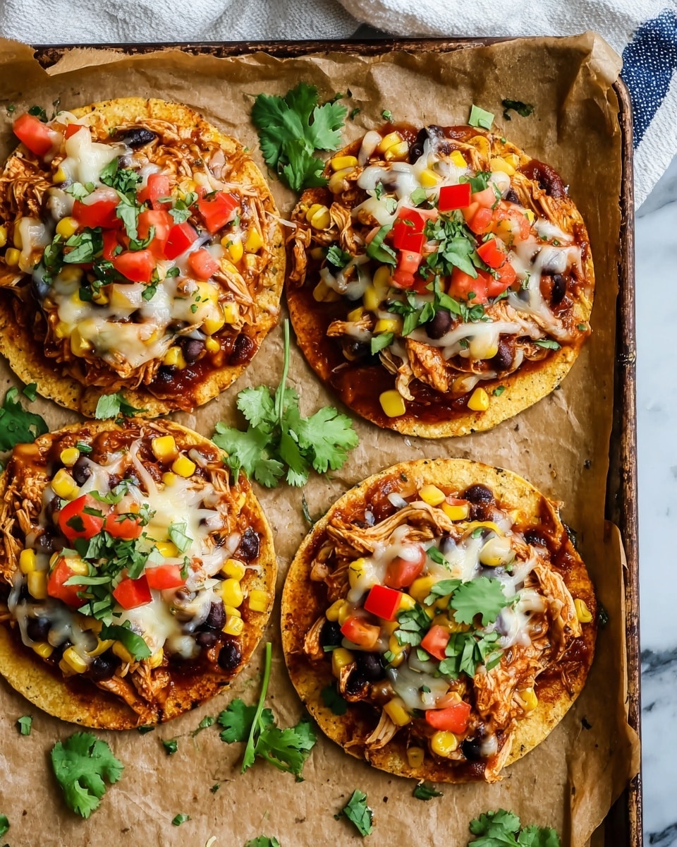The image shows four small toasted corn tortillas laid on brown parchment paper on a baking tray, each topped with layers of shredded chicken in a reddish-brown sauce, whole black beans, bright yellow corn kernels, and melted white cheese. On top, there are fresh diced red tomatoes and small green cilantro leaves scattered across. A few whole cilantro sprigs are placed between the tortillas. The background is a white marbled surface with a white and blue striped cloth partially visible at the top. Photo taken with an iphone --ar 4:5 --v 7