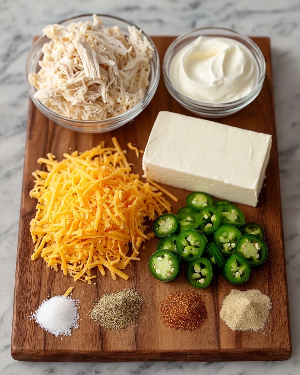 A wooden board with six groups of ingredients arranged neatly: in the back left, a clear glass bowl filled with shredded cooked chicken; next to it a dollop of creamy white sour cream; to the right, a block of smooth white cream cheese; in front, a small pile of orange shredded cheddar cheese; sliced green jalapeño peppers with seeds visible; and three small piles of spices in front - coarse white salt, light brown seasoning, and darker brown seasoning. The board is placed on a white marbled surface. photo taken with an iphone --ar 4:5 --v 7